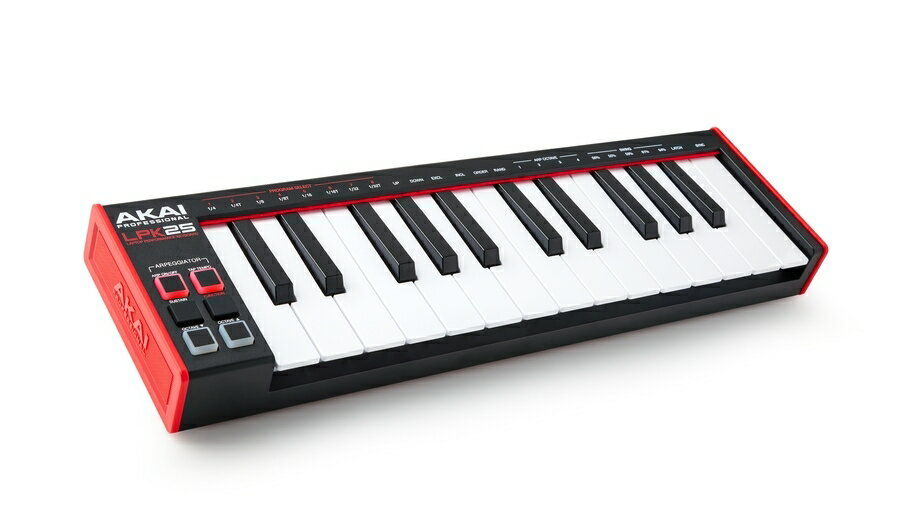 こちらの製品はMIDIコントローラーです。 通常のキーボードと異なり音源は内蔵しておらず、本製品単体では音が出ません。 演奏するにはコンピューター等とUSBケーブルで接続し、音源ソフトを起動していただく必要がございます。 【製品概要】LPK25は、ピアノやキーボードを演奏するミュージシャンにとって機能的なパートナーとなります。2オクターブ/25鍵のシンセアクション対応の洗練されたMIDIキーボード・コントローラー。レスポンスにも優れ、限られたスペースでも作曲や演奏が簡単にできるコンパクトな優れものです。LPK25には、革新的なMIDIコントローラー「AKAI MPK mini mk3」で初搭載された第2ジェネレーション Dynamicキーベッドを搭載。この鍵盤は、ベロシティ・レスポンスの細かなニュアンスを再現し、豊かな演奏体験を提供します。穏やかなアップライトピアノ/スーパーソー・シンセサイザー・プラグイン/またはノートをトリガーしてご使用のDAWソフトウェアで作業する際も、クリエイティブな表現や音楽制作が行えます。【主な特徴】・25鍵の第2ジェネレーション Dynamicキーベッド（MIDIコントローラー「AKAI MPK mini mk3」と同一のキーベッド）・プラグイン・インストゥルメントにトリガー/コントロール可能なアルペジエーター搭載・内部MIDIクロック/外部MIDIクロックのSYNCコントロール・MIDIコントロール用クラスコンプライアントUSB端子・数千個のドラムサンプル音源と複数のプラグイン・インストゥルメントが搭載されたDAWソフトウェア「MPC Beats」を付属 技術仕様キーボード25鍵 / ベロシティ・センシティブ10オクターブレンジ (127 MIDIノート)アルペジエーターレンジ: 1-4オクターブモード: Up、Down、Exclusive、Inclusive、Order、Random、またはLatchプログラム保存可能な8つのプログラム設定（付属エディターソフトを使用）音符の単位（Time Divisions）1/4、1/4T、1/8、1/8T、1/16、1/16T、1/32、1/32T (T=Triplet：三連符)テンポ30-240 BPM タップテンポ（内部MIDIクロック）、ソフトウェアテンポ（外部MIDIクロック）スイング50%、55%、59%、61%、64%接続端子USBポート x 1電源USBバスパワーサイズ(W x D x H)348 x 102 x 38mm重量0.45 kg2オクターブ/25鍵のシンセアクション対応の洗練されたMIDIキーボード・コントローラー