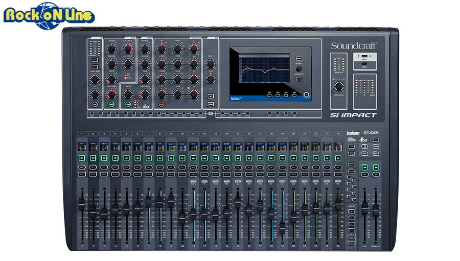 Si Impactは、定評ある「Si Performer」「Si Expression」の優れた操作性や妥協のないサウンドを受け継ぎながらも、多彩な入出力端子を備えたコンパクトなデジタル・ミキサーです。 ステージボックスと接続するためのMADI端子や、PCと接続してマルチトラックの録音/再生を行うためのUSB端子を標準で装備しており、様々なシーンで活躍します。 特徴 様々な機器を直接接続できる多彩な入出力端子 1、MADI端子※1 RJ45のMADI端子を標準で装備しており、オプションのステージボックスとCAT5ケーブルで接続するだけで、最大64chの音声信号を送受信できます。 重くてかさばるマルチケーブルは必要ありません。 2、USB端子※1/2/3 最大32chの音声信号を送受信できるUSB端子を搭載。Windows PCやMac PCとUSBケーブルで接続すれば、マルチトラックの録音/再生が簡単に行えます。定評あるDAWソフトウェア「Ableton Live Lite」も無償でダウンロードできます。 3、拡張スロット 各種オプションカードを装着することで、最大32chのオーディオ信号を送受信できる拡張スロットです。Dante、MADI、BLU linkなど、様々なオーディオ・ネットワークに対応したカードを用意しており、既存のシステムやハードウェアとシームレスに統合できます。 ◎Si MADI Cat5 card(左)、Si BLU link card(右上)、Si Dante card(右下) 4、アナログ入出力 32マイク/ライン入力、16ライン出力を搭載しています。そのうち8入力はXLRと標準フォーン対応の複合型端子で、フォーンプラグのケーブルもそのまま接続できます。 5、デジタル出力 AES/EBUのデジタル出力を1系統(2ch)装備しています。 6、ワードクロック端子 7、HiQnet端子 ※1. MADI端子とUSB端子の入出力信号の設定は内部のDIPスイッチで行います。MADI端子を使用して64chの信号を受信する場合、USB端子から信号は受信できません。USB端子から32chの信号を受信する場合、MADI端子から受信できる信号は32chに制限されます。送信は、MADI端子64ch、USB端子32chで固定です。 ※2. USB端子を使用してWindows PCと接続する場合は、PCに専用のオーディオ・ドライバーをインストールする必要があります。Mac PCはドライバーは必要ありません。 ※3. マルチトラックの録音/再生を行うためには、PCにサードパーティのオーディオ・ドライバーの使用を可能にするデジタル・オーディオ・ワークステーション(DAW)をインストールする必要があります。 直観的なコントロールを可能にする、アナログ・ミキサーのような優れた操作性。 1、TOTEMスイッチ ・アナログ・ミキサーに極めて近い感覚でバスへのミキシングが行えるTOTEM（トーテム、THE ONE TOUCH EASY MIX）スイッチを装備。 ・スイッチを押すと、チャンネルフェーダーがバスへのセンドフェーダーに切り替わるなど、サーフェイス全体がそのバスへのミキシングを行う際に最適な設定に再構築されます。これにより、まるでバスへの出力セクションを備えた大型のアナログ・ミキサーのようなストレスのないミキシングが可能になりました。TOTEMスイッチは、「チャンネルフェーダーからAUXバス」「AUXバス、LRバス、MONO（CENTER）バス、FXバス出力からマトリクスバス」「チャンネルフェーダーからFXバス」のミキシングで利用できます。 ・TOTEMスイッチをONにすると、サーフェイスが以下のように再構築されます ○ チャンネルフェーダーがバスに信号を送るためのセンドフェーダーに切り替わります。 ○ ONになっているソロが全てクリアされ、選択したバスのマスターがソロに設定されます。 ○ 選択したバスのマスターがMONO/SELフェーダーに割り当てられます。 ○ 選択したバスのオーディオパラメーターがACSに表示されます（オプション）。 2、フェーダーグロウ・システム 小さいサーフェイスで多くの信号を扱うデジタル・ミキサーでは、レイヤーによってフェーダーの機能を切り替える必要があり、操作ミスが発生する原因となっていました。 Si Impactでは、フェーダーの機能に応じて、フェーダー内部のLEDの色が変化するフェーダーグロウ・システムを採用。 フェーダーに割り当てられている機能が一目で確認できるため、正確なオペレートが可能です。 フェーダーの溝全体が鮮やかに光るため、暗い会場でも迷わず操作できます。 3、ACS チャンネルやバスのオーディオパラメーターを、アナログ・ミキサーのように一目で確認・調整できるACS（エーシーエス、Assignable Channel Strip）を搭載しています。ACSは、チャンネル/バスの、ゲイン、HPフィルター、ゲート、コンプレッサー、パラメトリックイコライザー、ディレイ、出力の設定を表示・調整するエリアです。チャンネル/バスのSELスイッチを押すと、そのオーディオパラメーターが即座にACSに表示されます。ACSエリアの各機能は、レイヤーの切り替えなどで働きが変更されない専用のつまみやスイッチを備えているため、アナログ・ミキサーに近い操作性を実現しています。 4、グラフィックイコライザー 各バスに搭載されたBSS AUDIO製の28バンド・グラフィックイコライザーの設定は、チャンネルフェーダーで行うことができます。100mmストロークのフェーダーで調整ができるので、微細なコントロールが可能です。 5、ミュートグループ、VCAグループ 各チャンネル/バスのミュートの組み合わせを、ミュートグループとして最大8つまで保存できます。さらに8VCAグループを装備し、複数のチャンネルフェーダーを1本のVCAフェーダーでコントロールできます。 6、フェーダーの自動ゲイン設定機能 ALTスイッチとONスイッチを押すだけで、バスへのセンドフェーダーをユニティーゲインやフェーダー絞りきりに設定可能。オペレーターの手間を低減します。 7、小型ディスプレイ 小型のディスプレイを備えており、チャンネル名やグループ名、信号レベル、コンプレッサーの減衰量、ゲートの動作状態を表示。フェーダーに割り当てられている機能に応じて色も変化します。 8、クリア機能 様々なオーディオパラメーターを、それぞれ個別に、または一括で工場出荷時の状態にリセットできる、クリア機能を搭載しています。 ◎インタロゲート機能 機能の一つ一つに物理的なスイッチが搭載されているアナログ・ミキサーのように、各機能のON/OFF状態を一度に確認したり、変更したりできるインタロゲート機能を搭載しています。例えば、HPフィルターのON/OFFスイッチを長押しすると、HPフィルターがONになっているチャンネルのSELスイッチが全て点灯し、複数のチャンネルの設定状態を一度に確認できます。またその状態からON/OFFを切り替えることも可能です。 仕様チャンネル・フェーダー数24処理可能チャンネル数※80入出力端子◎マイク/ライン入力（XLR）：24◎マイク/ライン入力（XLRと標準フォーン(3P)対応の複合型端子）：8◎ライン出力（XLR）：16◎デジタル出力（AES/EBU、XLR）：1(2ch)◎MADI(RJ45)：1◎USB・サーフェイス：2(電源供給用1、データ用1)・背面：1(マルチトラックの録音/再生用)◎ワードクロック（BNC、75Ω）：1◎HiQnet：1バス◎L/R/Cバス：各1◎AUXバス：14(8モノラル ＋ 6モノラルまたは6ステレオ切替)◎マトリクスバス：4(4モノラルまたは4ステレオ切替)◎FXバス：4音響性能◎周波数特性20Hz〜20kHz （マイク/ライン入力〜ライン出力、±1.5dB）◎THD0.01%以下＠1kHz（マイク感度-30dBu）◎インピーダンス・マイク入力3kΩ・ライン入力10kΩ・ライン出力150Ω(アンバランス)、75Ω(アンバランス)◎最大信号レベル・マイク入力＋22dBu・ライン入力＋22dBu・バス出力＋21.5dBu◎同相信号除去比：-80dBu@1kHz（マイク/ライン入力、ゲイン最大）◎マイク等価入力ノイズ：−126dBu(ゲイン最大、150Ωソース)◎ハイパスフィルター：40Hz〜1kHz◎パラメトリックEQ：・高域22Hz〜20kHz、±15dB、Q=0.3〜6.0、ピーキング/シェルビング切替・中高域22Hz〜20kHz、±15dB、Q=0.3〜6.0・中低域22Hz〜20kHz、±15dB、Q=0.3〜6.0・低域22Hz〜20kHz、±15dB、Q=0.3〜6.0、ピーキング/シェルビング切替◎オシレーター：サイン波（20Hz〜20kHz）/ピンクノイズAD-DA変換24bit、48kHz内部処理40bit浮動小数点演算レイテンシー0.8ms以下（マイク/ライン入力〜ライン出力）電源AC100V、50/60Hz消費電力130W寸法（W×H×D）（除突起部）751×148×496mm質量17kg定評あるSiの操作性と音質を受け継ぐ多彩な入出力端子を備えたデジタル・ミキサー。