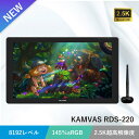 製品名 Kamvas RDS-220 製品モデル RDS-220 外形寸法・正味重量 寸法：546 x 323 x 19~26.7mm(スタンドなし) 重量：3.45Kg(スタンドなし)；4.3Kg(スタンド付き) アクティブエリア 475.4 x 267.4mm 觸摸機能・キーを押す機能 なし ビデオインターフェース Type-C 調節可能なスタンド ST100 20°~80° 解像度 2560 x 1440 (16:9) QHD LCDタイプ IPS 60Hz AG Glass アンチグレアエッチングガラス フルラミネーション YES 視野角 89°/89°(H)/89°/89°(V) (Typ.)(CR＞10) コントラスト比 1200:1 輝度 220cd/m2 色域 145% sRGB 表示色 16.7M(8bit) 反応時間 14ms ) 圧力レベル 8192Levels ペン解像度・ペン技術 5080LPI ・バッテリー不要 電磁共鳴 ) 精度 ±0.3mm（中央） ±2mm（コーナー） 読取可能高さ・読み取り速度・傾き検知 10mm ・>300PPS・±60° 電圧・電力 出力電圧：12V 3A； 消費電力：max30W；待機時消費電力：max0.5W 温度・湿度 出力電圧：使用環境温度と湿度：0~40°C、20-80%；保管環境の温度と湿度：-20°C~60°C、10-90% OSサポート：Windows 7、macOS 10.12以降、Android（USB3.1 DP1.2） BSMIライセンス番号：R33724 上記の情報に誤りがあった場合は、元のメーカーが発行した情報を優先するものとします。 【特長】 量子ドット技術による驚異的な色表現： 量子ドット技術を採用したこのペンディスプレイは、sRGB 145％の広範囲な色域と1670万色の表示色を備え、鮮明で生き生きとした色彩を実現します。最大輝度で色の鮮やかさを損なうことなく、細部までクリアに表現。 目に優しいアンチグレアスクリーン： 長時間の使用でも目の疲れを感じさせないアンチグレアスクリーンを装備。有害なブルーライトを低減し、外光の映り込みを抑え、快適な視覚体験を提供します。 精密な筆圧検知機能： 8192レベルの筆圧感知と、±60°の傾き検知機能を搭載したPW517ペンが、細かな筆圧の変化を瞬時に捉え、自然な陰影や質感の表現を可能にします。高いリポートレートで、描画のレスポンスもスムーズ。 多様な接続オプション： USB-CとUSB-Aポートを備え、容易に他のデバイスと接続。効率的な作業環境をサポートし、創作活動の可能性を広げます。 幅広い対応OS： Windows、macOS、Androidに対応し、様々なアプリケーションでの使用が可能です。ドローイング、デザイン、写真編集からアニメーション、3Dモデリングまで、クリエイティブワークに最適。 パッケージ内容： ペンディスプレイ本体、デジタルペン、ペンホルダー、替え芯、ペン先クリップ、お絵描き手袋、クリーニングクロス、3-in-2ケーブル、電源アダプター、スタンド、Type C to Type Cケーブル、取扱説明書● Take you to a higher level of visual feast ● 2.5K QHDによる豊かな映像表現 ● 145% sRGB量子点演色技術 ● AG Glass 螢幕フルラミネーション技術 ● アンチグレアエッチングガラス、紙に絵を描くように ● PenTech3.0技術應用 ● 読み取り速度＞300PPS ● ±60°傾き検知 ● 8192圧力レベル ● 汎用性の液晶ペンタブレットで、映画やゲームを楽しむことができます ● 調節可能なスタンドから、適切な作業空間をできます ● Windows/macOS/Android（USB3.1 GEN1.2） * 特典やプレゼントは公式オンラインショップのみで、他のキャンペーンとの併用はできません。