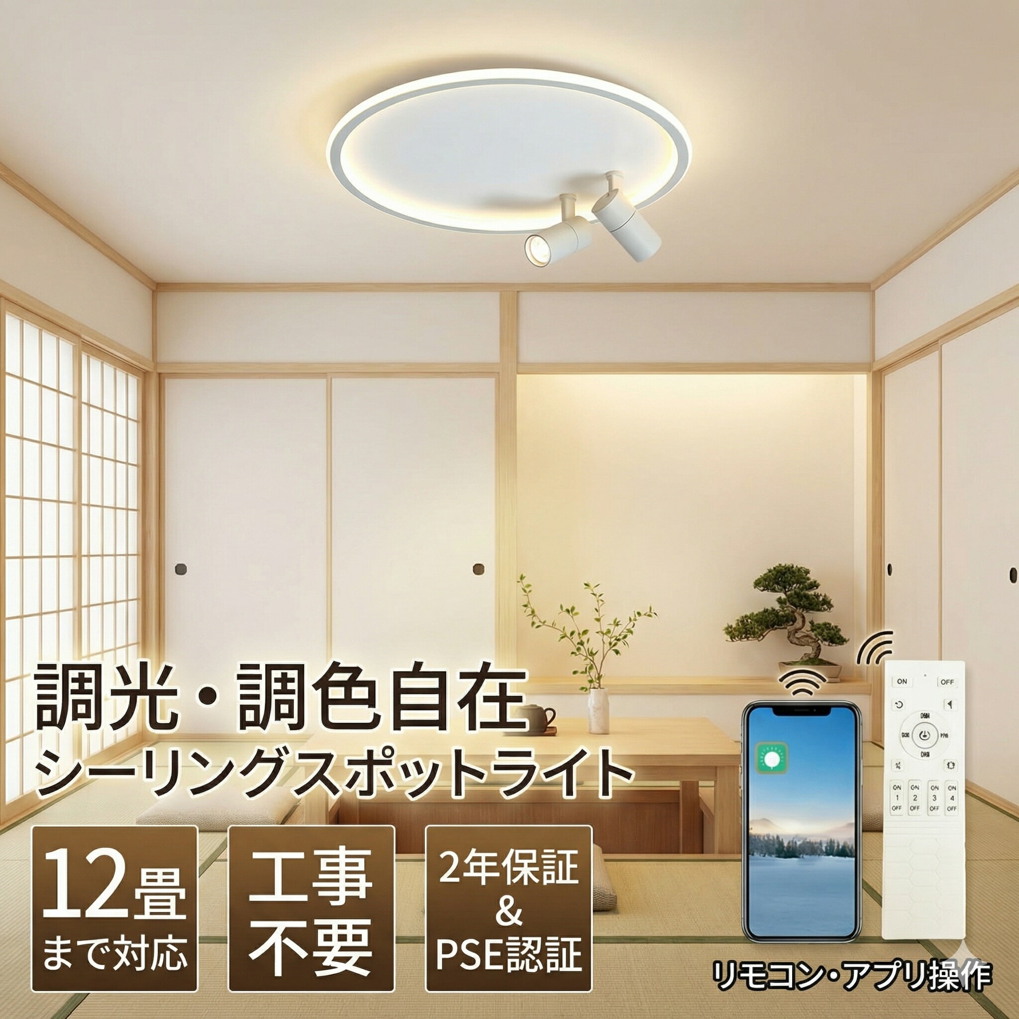 【2年保証】シーリングライト おしゃれ LED 調光調色 北欧 6畳 8畳 10畳 12畳 スポットライト 2灯 間接照明 リビング照明 室内 和室 リモコン付き 電気 天井照明 照明器具 寝室 納戸 倉庫 洗面所廊下 明るい 居間 ダイニング 寝室照明