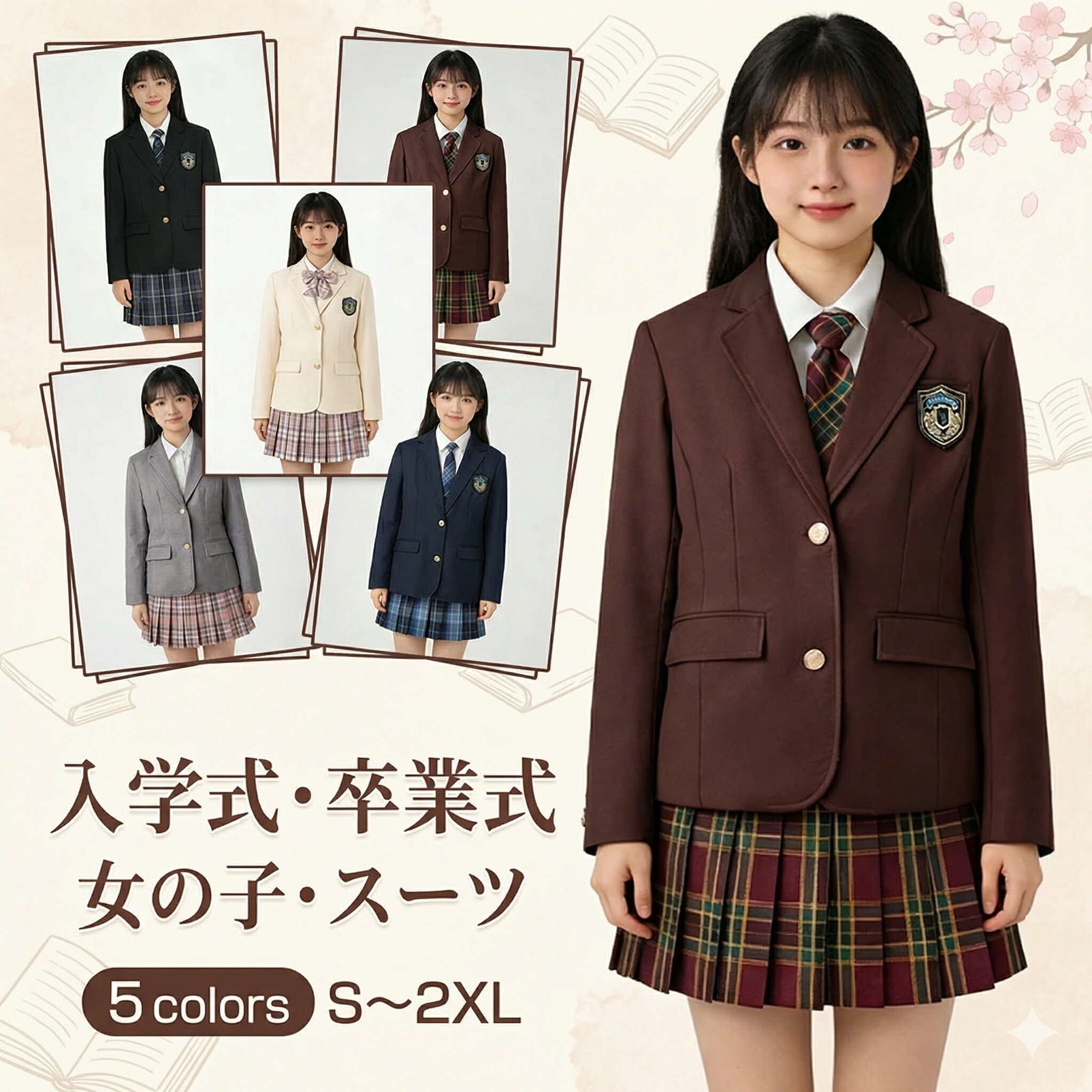 Rakuten - 【2026最新型】入学式 卒業式 スーツ 女の子 4点セット JK 韓国 制服 卒服 女の子 学園風 プレザー 大きいサイズ フォーマルスーツ 子供服 チェック柄 入学式 スーツ 女の子 小学校 韓国卒業式 スーツ ネクタイ 高校生 子供スーツ ジャケット ブラウス スカート
