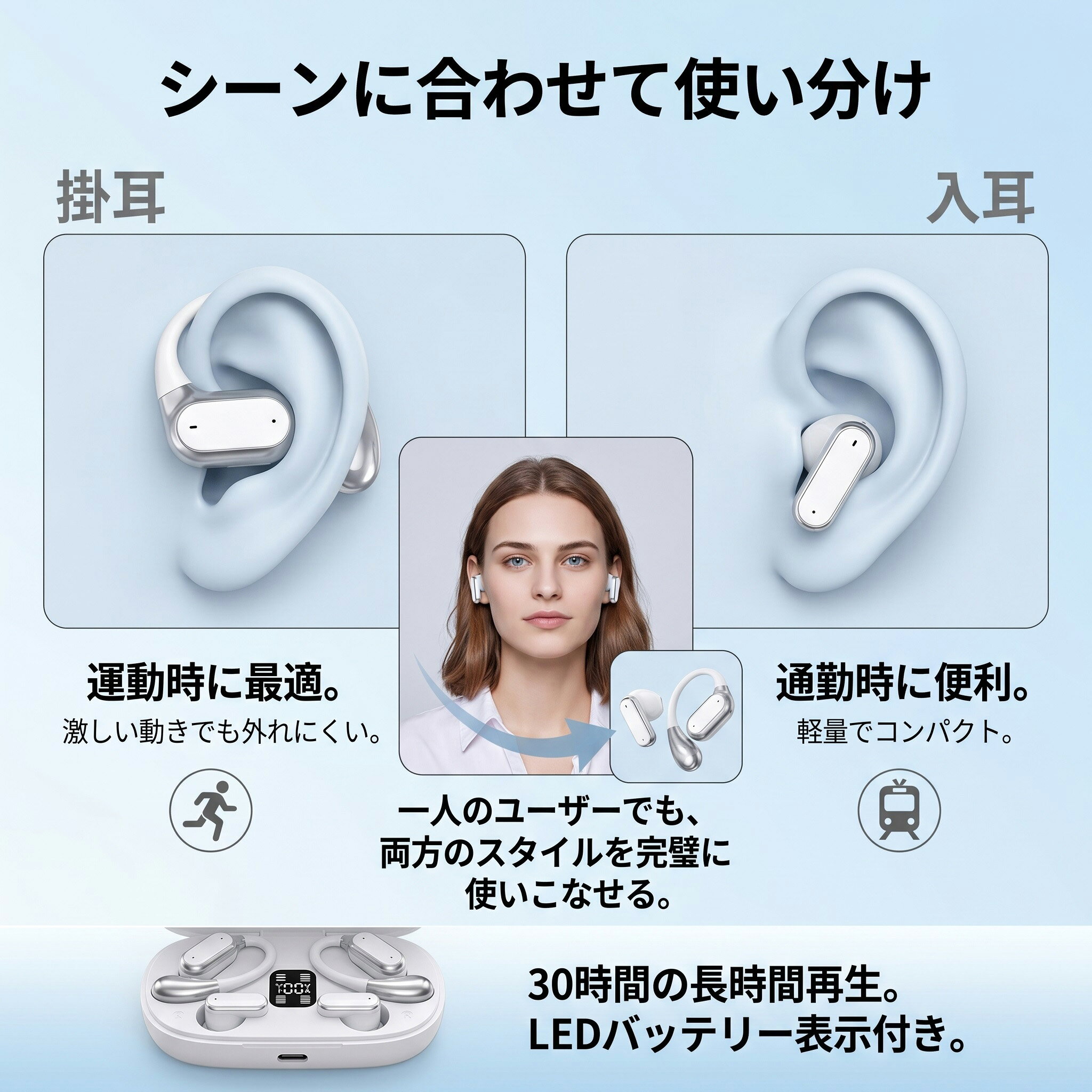 【業界初！2ペア収納】Bluetooth 5.4 ワイヤレスイヤホン 30ms超低遅延 ゲーム 2人同時接続 1台2役 2タイプ入り 12mm大振動板 30時間再生 LED残量表示 ENC通話ノイズリダクション 左右分離型 Type-C急速充電 ブルートゥース イヤホン 通勤 通学 スポーツ rocococloset-10001280 rocococloset サンプル画像3