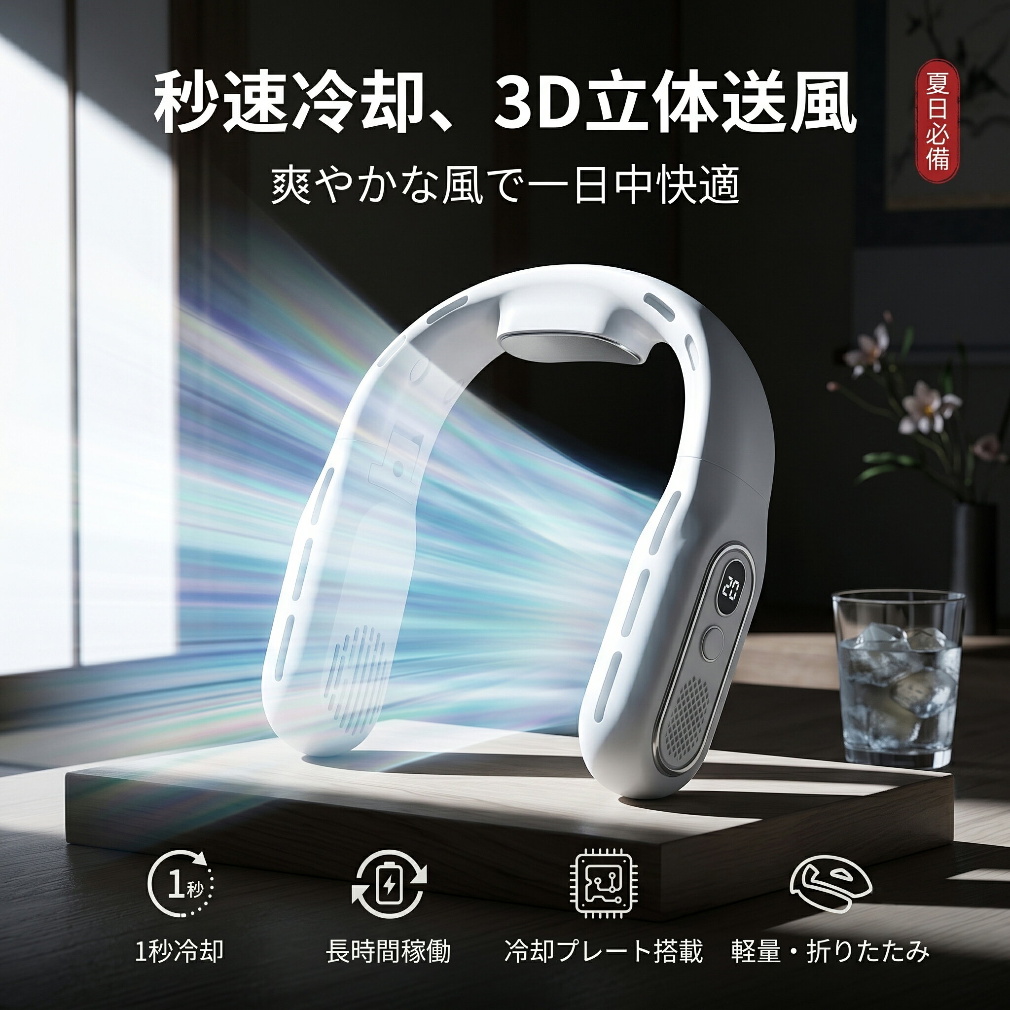 T68 携帯折りたたみ式首掛け扇風機 商品説明書 この度は、T68 携帯折りたたみ式首掛け扇風機をお買い上げいただき、誠にありがとうございます。ご使用の前に、この取扱説明書をよくお読みの上、正しくお使いください。お読みになった後は、大切に保管してください。 【安全上のご注意】 事故や故障を防ぐため、以下のことを必ずお守りください。 分解・改造の禁止：ご自身で分解、修理、改造は絶対に行わないでください。火災や感電、けがの原因となります。 水濡れ厳禁：本体や付属品を水につけたり、水をかけたりしないでください。浴室や湿気の多い場所でのご使用、保管はおやめください。ショートや感電の原因となります。 充電について：指定された定格電圧（DC 5V/1A）以外の電源を使用しないでください。故障の原因となります。充電中は本体から離れないでください。ケーブルが破損した場合は使用を中止してください。 使用環境：高温、多湿、直射日光の当たる場所、ほこりの多い場所での使用、保管はおやめください。変形や故障の原因となります。 髪や異物の巻き込み：本製品は羽なし設計ですが、髪の毛や衣類、アクセサリーなどが吸気口に近づきすぎないようご注意ください。ファン内部に異物を入れないでください。 お子様・ペットへの注意：お子様やペットの手の届く場所で使用、保管しないでください。思わぬ事故の原因となります。お子様がご使用になる場合は、必ず保護者の監督のもとでご使用ください。 異常時の対応：異臭、異音、発熱、変形など、異常を感じた場合は直ちに使用を中止、電源を切りカスタマーサポートへ連絡。継続使用は火災・感電の原因になります。 収納時の注意：折りたたむ際は、指などを挟まないよう十分ご注意ください。 【各部名称】 冷却プレート（首後ろ） 吸気口 LEDディスプレイ（風量/バッテリー残量表示） 電源/風量調節ボタン Type-C 充電ポート ファン送風口 アーム（折りたたみ部） 【製品仕様】 製品名：T68 携帯折りたたみ式首掛け扇風機 入力：DC 5V/1A バッテリー容量：[4000mAh] 充電時間：約 1h 時間 連続使用時間：約 8h-12h時間 サイズ：展開時 約 [22*5.3*19.5cm] 重量：約 [310g] 材質：ABS、シリコン、金属 【同梱品リスト】 T68 本体 x 1 Type-C 充電ケーブル x 1 日本語取扱説明書（本書）x 1 【ご使用方法】 1. 充電方法 初めてご使用になる前、またはバッテリー残量が少なくなった場合は、完全に充電してからご使用ください。 付属Type-CケーブルのUSB-C側を本体充電ポートに挿入 USB-A側をDC5V/1A出力のアダプタ・モバイルバッテリーに接続 充電中：LEDバッテリー表示が点滅 充電完了：LED数値が点灯固定/100表示 2. 電源操作と風量調節 電源ON/OFF：電源ボタン長押し約1.5秒で起動/停止、LED点灯。 風量切替起動中にボタン短押しで順次切替：1回＝弱風、2回＝中風、3回＝強風、4回で弱風に戻る/OFF。 LED交互表示：風量レベル(1/2/3)・バッテリー残量(0～100%) 3. 冷却機能のご使用方法（機能搭載時のみ） 電源を入れファン起動 内側冷却プレートが冷却開始 アームを広げ、冷却プレートをうなじに密着させ装着 冷却のみ停止：[停止方法記入] またはファン電源OFF 4. 装着・折りたたみ方法 装着：アームを開き送風口上向きに首掛け。冷却プレートが首後ろに当たるよう調整。 折りたたみ：電源を切り本体が冷めてからアームを内側に折り畳み、カバン収納可能。 【お手入れと保管】 清掃前は必ず電源OFF、ケーブル抜き、本体を冷ます 本体汚れ：中性洗剤を含ませ硬く絞った柔らかい布で拭き、最後乾拭き 吸排気口のほこり：柔らかいブラシで優しく除去 ベンジン・シンナー・アルコール不可。変色・故障の原因 長期未使用：満充電後、涼しく湿気・埃の少ない場所保管。3ヶ月に1回補充電し過放電を防ぐ。 【よくある質問とトラブルシューティング】 不具合時は修理前に下記確認をお願いします。 現象 原因 対処方法 電源が入らない バッテリー切れ フル充電して再試行 電源が入らない 長押し時間不足 ボタンを約1.5秒長押し 風量弱い・冷えない 電池残量少ない 充電する 風量弱い・冷えない 吸排気口詰まり 埃を掃除する 風量弱い・冷えない 冷却プレート密着不良 首後ろにしっかり密着させる 充電できない ケーブル接続甘い ケーブルを奥まで差し込む 充電できない 電源アダプタ不適合/故障 DC5V/1Aの電源を使用 異音発生 内部に異物混入 すぐ使用停止、サポートへ連絡 【廃棄について】 本製品はリチウムイオン電池内蔵。廃棄はお住まい自治体の分別ルールに従う。電池取り出し時は分解・ショートに注意。 【保証規定】 購入日より【期間：例 1年間】、正常使用での故障は無償修理・交換。レシート/保証書を添えサポートへ申し込みください。 下記は保証期間内でも有償修理となります。 誤使用、改造・不当修理による破損 落下、輸送による故障損傷 火災・地震・水害・落雷・異常電圧など天災や公害による損傷 業務など家庭外利用の故障 保証書提示なし、または必要事項未記入 本製品の故障・使用による間接損失（利益損失など）は補償対象外。 この保証は日本国内のみ有効。This warranty is valid only in Japan. 【カスタマーサポート】 製品の質問・修理依頼は下記へお問い合わせください。 （製造元または販売元情報を記載） MADE IN CHINAT68 携帯折りたたみ式首掛け扇風機 商品説明書 この度は、T68 携帯折りたたみ式首掛け扇風機をお買い上げいただき、誠にありがとうございます。ご使用の前に、この取扱説明書をよくお読みの上、正しくお使いください。お読みになった後は、大切に保管してください。 【安全上のご注意】 事故や故障を防ぐため、以下のことを必ずお守りください。 分解・改造の禁止：ご自身で分解、修理、改造は絶対に行わないでください。火災や感電、けがの原因となります。 水濡れ厳禁：本体や付属品を水につけたり、水をかけたりしないでください。浴室や湿気の多い場所でのご使用、保管はおやめください。ショートや感電の原因となります。 充電について：指定された定格電圧（DC 5V/1A）以外の電源を使用しないでください。故障の原因となります。充電中は本体から離れないでください。ケーブルが破損した場合は使用を中止してください。 使用環境：高温、多湿、直射日光の当たる場所、ほこりの多い場所での使用、保管はおやめください。変形や故障の原因となります。 髪や異物の巻き込み：本製品は羽なし設計ですが、髪の毛や衣類、アクセサリーなどが吸気口に近づきすぎないようご注意ください。ファン内部に異物を入れないでください。 お子様・ペットへの注意：お子様やペットの手の届く場所で使用、保管しないでください。思わぬ事故の原因となります。お子様がご使用になる場合は、必ず保護者の監督のもとでご使用ください。 異常時の対応：異臭、異音、発熱、変形など、異常を感じた場合は直ちに使用を中止、電源を切りカスタマーサポートへ連絡。継続使用は火災・感電の原因になります。 収納時の注意：折りたたむ際は、指などを挟まないよう十分ご注意ください。 【各部名称】 冷却プレート（首後ろ） 吸気口 LEDディスプレイ（風量/バッテリー残量表示） 電源/風量調節ボタン Type-C 充電ポート ファン送風口 アーム（折りたたみ部） 【製品仕様】 製品名：T68 携帯折りたたみ式首掛け扇風機 入力：DC 5V/1A バッテリー容量：[4000mAh] 充電時間：約 1h 時間 連続使用時間：約 8h-12h時間 サイズ：展開時 約 [22*5.3*19.5cm] 重量：約 [310g] 材質：ABS、シリコン、金属 【同梱品リスト】 T68 本体 x 1 Type-C 充電ケーブル x 1 日本語取扱説明書（本書）x 1 【ご使用方法】 1. 充電方法 初めてご使用になる前、またはバッテリー残量が少なくなった場合は、完全に充電してからご使用ください。 付属Type-CケーブルのUSB-C側を本体充電ポートに挿入 USB-A側をDC5V/1A出力のアダプタ・モバイルバッテリーに接続 充電中：LEDバッテリー表示が点滅 充電完了：LED数値が点灯固定/100表示 2. 電源操作と風量調節 電源ON/OFF：電源ボタン長押し約1.5秒で起動/停止、LED点灯。 風量切替起動中にボタン短押しで順次切替：1回＝弱風、2回＝中風、3回＝強風、4回で弱風に戻る/OFF。 LED交互表示：風量レベル(1/2/3)・バッテリー残量(0～100%) 3. 冷却機能のご使用方法（機能搭載時のみ） 電源を入れファン起動 内側冷却プレートが冷却開始 アームを広げ、冷却プレートをうなじに密着させ装着 冷却のみ停止：[停止方法記入] またはファン電源OFF 4. 装着・折りたたみ方法 装着：アームを開き送風口上向きに首掛け。冷却プレートが首後ろに当たるよう調整。 折りたたみ：電源を切り本体が冷めてからアームを内側に折り畳み、カバン収納可能。 【お手入れと保管】 清掃前は必ず電源OFF、ケーブル抜き、本体を冷ます 本体汚れ：中性洗剤を含ませ硬く絞った柔らかい布で拭き、最後乾拭き 吸排気口のほこり：柔らかいブラシで優しく除去 ベンジン・シンナー・アルコール不可。変色・故障の原因 長期未使用：満充電後、涼しく湿気・埃の少ない場所保管。3ヶ月に1回補充電し過放電を防ぐ。 【よくある質問とトラブルシューティング】 不具合時は修理前に下記確認をお願いします。 現象 原因 対処方法 電源が入らない バッテリー切れ フル充電して再試行 電源が入らない 長押し時間不足 ボタンを約1.5秒長押し 風量弱い・冷えない 電池残量少ない 充電する 風量弱い・冷えない 吸排気口詰まり 埃を掃除する 風量弱い・冷えない 冷却プレート密着不良 首後ろにしっかり密着させる 充電できない ケーブル接続甘い ケーブルを奥まで差し込む 充電できない 電源アダプタ不適合/故障 DC5V/1Aの電源を使用 異音発生 内部に異物混入 すぐ使用停止、サポートへ連絡 【廃棄について】 本製品はリチウムイオン電池内蔵。廃棄はお住まい自治体の分別ルールに従う。電池取り出し時は分解・ショートに注意。 【保証規定】 購入日より【期間：例 1年間】、正常使用での故障は無償修理・交換。レシート/保証書を添えサポートへ申し込みください。 下記は保証期間内でも有償修理となります。 誤使用、改造・不当修理による破損 落下、輸送による故障損傷 火災・地震・水害・落雷・異常電圧など天災や公害による損傷 業務など家庭外利用の故障 保証書提示なし、または必要事項未記入 本製品の故障・使用による間接損失（利益損失など）は補償対象外。 この保証は日本国内のみ有効。This warranty is valid only in Japan. 【カスタマーサポート】 製品の質問・修理依頼は下記へお問い合わせください。 （製造元または販売元情報を記載） MADE IN CHINA