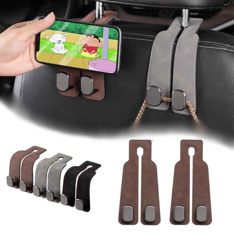 車 ヘッドレスト フック 転倒防止 車用シートダブルフック 厳選されたレザー金属製 車 収納 取付け簡単 ヘッドレスト フック シートの前面/後面どちらも可 耐荷重強 車 アクセサリー 革製