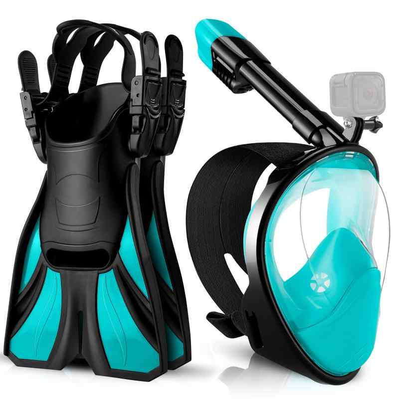 Odoland シュノーケルセット フルフェイス型 ダイビングマスク+調整可能フィン+収納袋付き 180度超広角 GoPro取付可能 曇り止め スキューバ足ひれ 着脱簡単 シュノーケリングセット 水中眼鏡