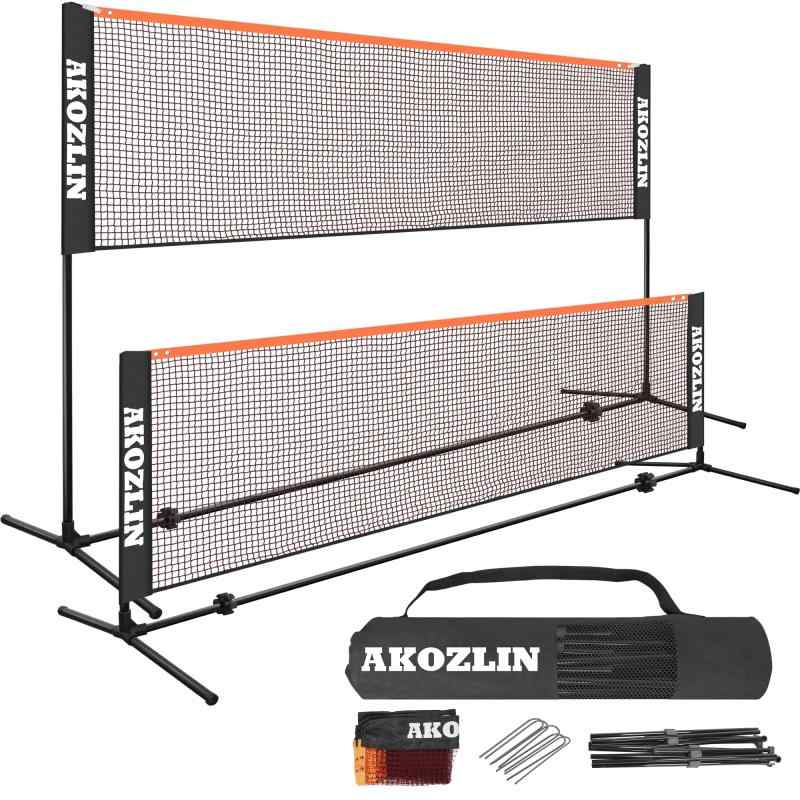 AKOZLIN バドミントンネット ポータブル バドミントン用ネット 幅3M調節可能な高さ(0.85m/1.6m) 軽量 折りたたみ 収納バッグ付き 家庭用 練習用 組み立て簡単 室内 屋外 公園または裏庭でのプレ高品質メッシュ：6本撚りのポリエステル製レッドネットを使用し、オレンジ色の縁取りの警告ストリップと、左右に4点留めバックルでネットを平らにしています。丈夫でカラフルなネットです。プロ仕様の2×2cm口径メッシュは、バドミントン、テニス、子供用バレーボールの網目を正確にフィルタリングし、クリアな視界と正確な打撃性能を提供します。安定した使用：厚さ19mmの極細鋼管（壁厚1mm）とABS防爆4方向コネクタを採用し、従来のネットフレームよりも強度が高くなっています。さらに、亜鉛メッキのU字型アース釘を装備し、錆を効果的に防止し、様々な会場条件下でもネットフレームをしっかりと固定します。迅速な設置：バドミントンネットは、工具不要の設計を採用し、ポールの各部を正しく接続します。設置後、ネットを上下に動かすことで高さを調整できます。ネットを一番下の位置に置くと、ポールの上部を工具なしで折りたたむことができ、わずか5分で簡単に組み立てられます。持ち運びに便利：オックスフォード布製収納バッグが付属しています。組み立てや分解が簡単で、持ち運びや収納に便利なハンドルが付いているので、いつでもどこでもスポーツを楽しむことができます。多目的スポーツネット：長さ300cm×高さ(86-153)cm。バドミントンネット、収納バッグ、ネットフレーム、グラウンドスパイク4本が付属しており、テニスネット、バドミントンネット、子供用バレーボールネットとして最適です。中庭、ビーチ、車道などの平らな場所に適しており、スポーツを楽しむことができます。