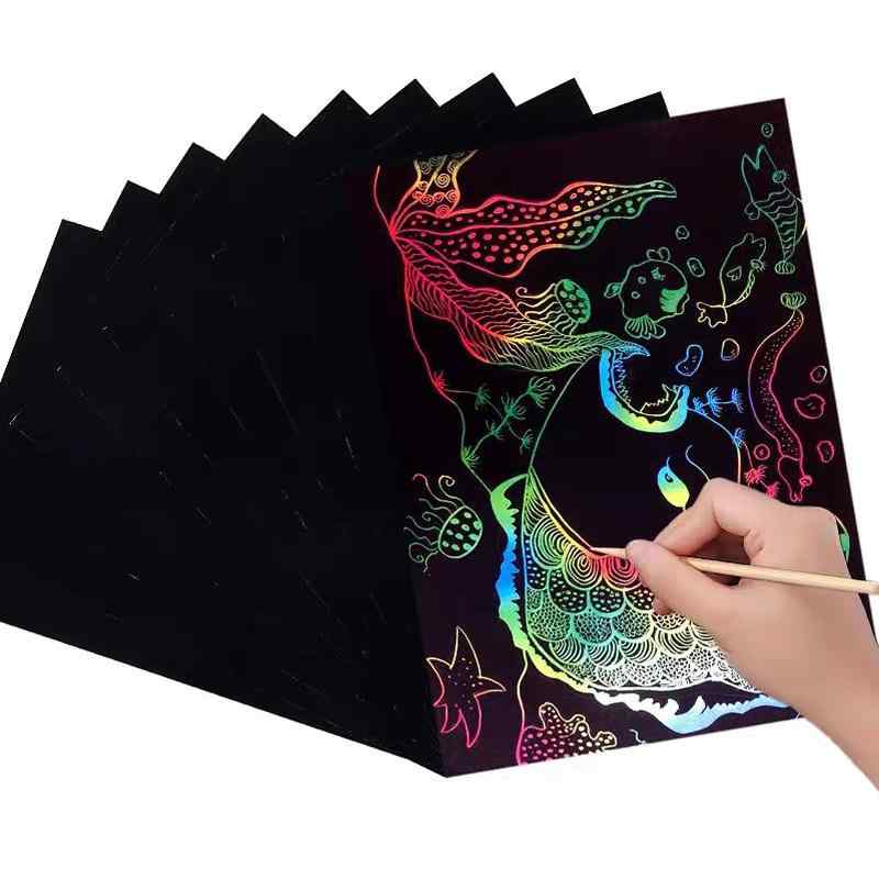 LIANHATA スクラッチアート 4枚入 スクラッチ極細ペン付き 21*29cm A4サイズ スクラッチペーパー レインボー絵 夜景 花火 観覧車 花畑 彫刻アート DIY 削るだけで美しいアート 部屋飾り