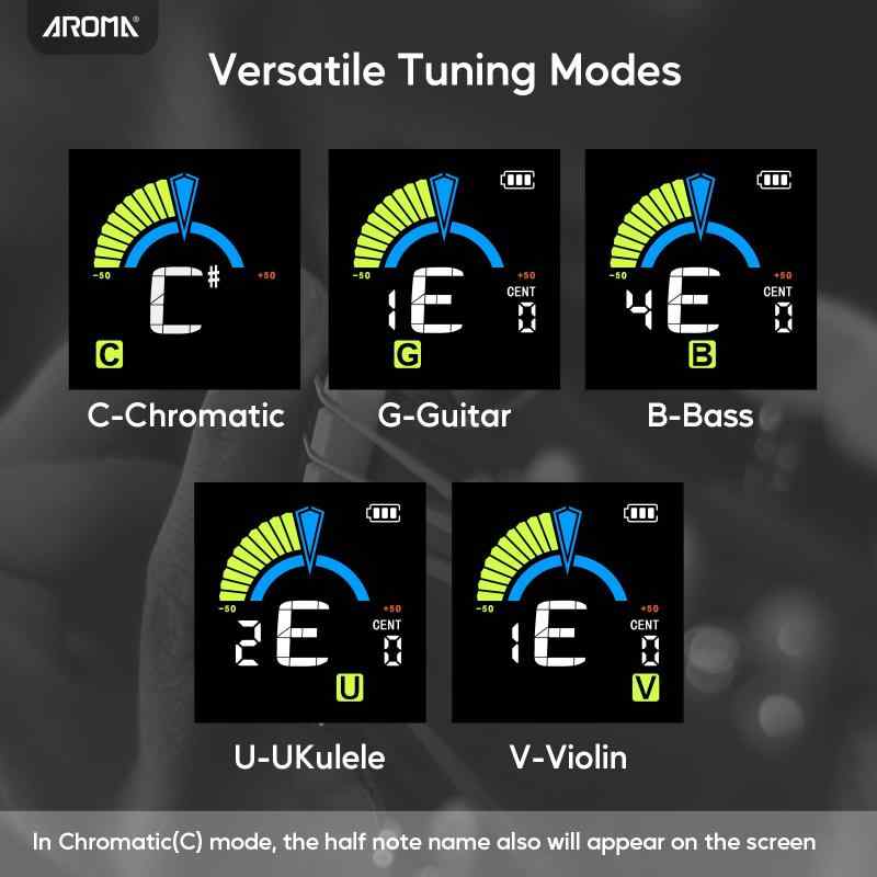 Aroma クリップ チューナー 充電式 高速チューニング 高精度 クロマチックモード 360度回転 カラー液晶 ギター ベース ウクレレ バイオリン対応 シリコーンクランプ付き