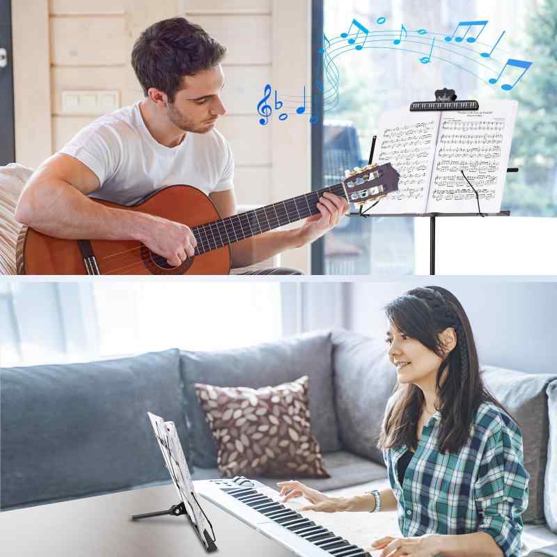 New Bee 譜面台 折りたたみ 楽譜スタンド 高さ70~135cm 調節可能 デスクトップスタンド 楽譜クリップと収納袋付 黒 MS21