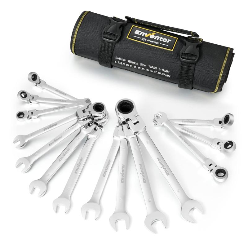 乐天商城 - Enventor ラチェットレンチセット フレックスラチェットレンチ 角度調整可能 6~19mm 14本組 両用ヘッド 収納ポーチ付き 首振りラチェットコンビセット