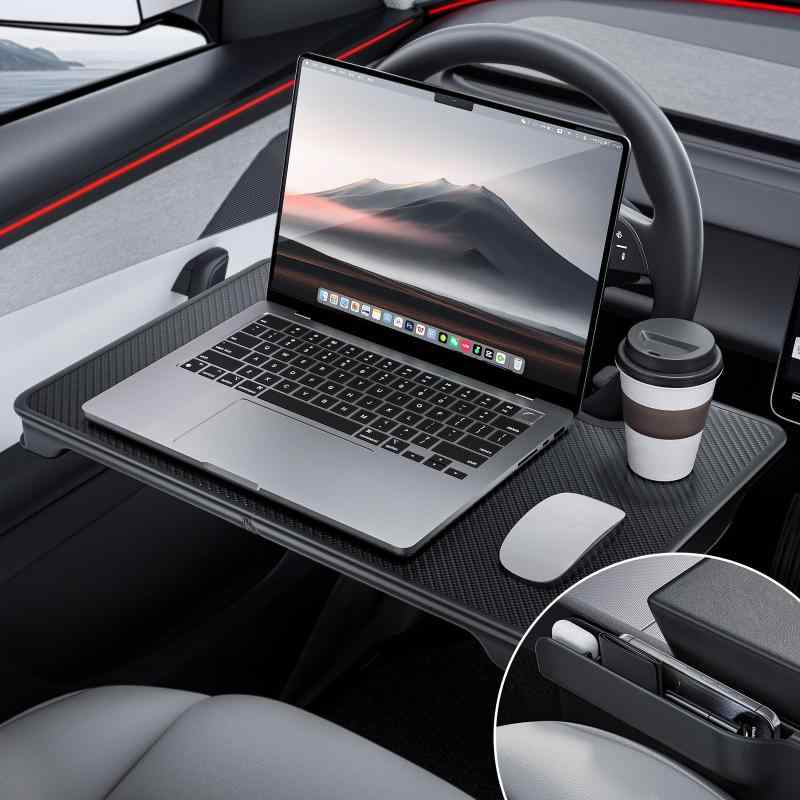 YONZEE 2in1折りたたみ式ハンドルテーブル ハンドルテスラ 車載用 カーボン調 シートギャップオーガナイザー ノートPC/食事/書き物対応..