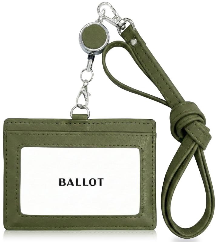 BALLOT 本革 IDカードホルダー ネームホルダー 横型 パスケース ネックストラップ 伸縮リール付き