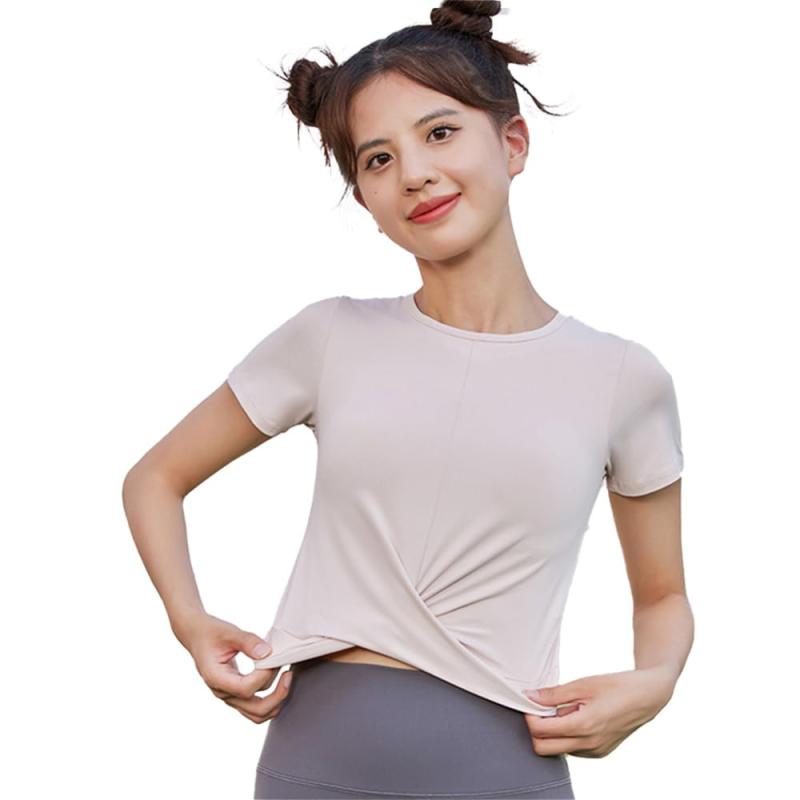 [Yomoment] ヨガウェア レディース 裾ねじり ラウンドネック カップなし 速乾吸汗 ピラティス ウェア ストレッチ スポーツtシャツ クロップド無地半袖シャツ ジム