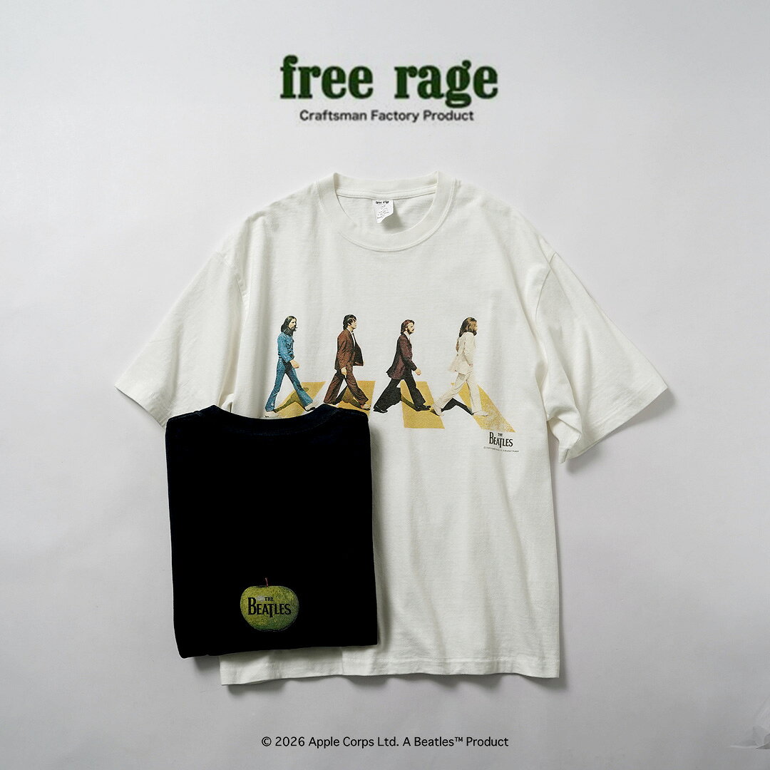 FREE RAGE（フリーレイジ） ビートルズ×フリーレイジ ラストレコーディング リサイクルコットン ショートスリーブTシャツ 日本製 / 半袖 The Beatlesコラボ ヴィンテージ風 ユーズド加工 オフィシャルライセンス商品