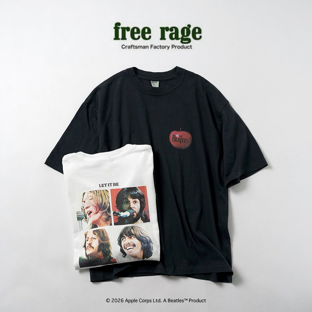 FREE RAGE（フリーレイジ） ビートルズ×フリーレイジ ラストリリース リサイクルコットン ショートスリーブTシャツ 日本製 / 半袖 The Beatlesコラボ ヴィンテージ風 ユーズド加工 オフィシャルライセンス商品