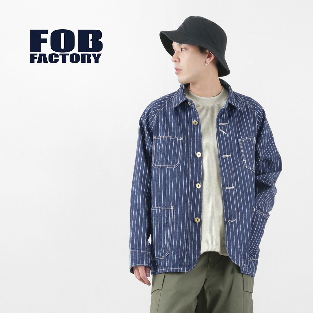 楽天ROCOCO attractive clothingFOB FACTORY（FOBファクトリー） F2410 カバーオール ウォバッシュ / メンズ デニム ライトアウター ブルゾン ジャケット ストライプ 柄 日本製 COVER ALL WABASH