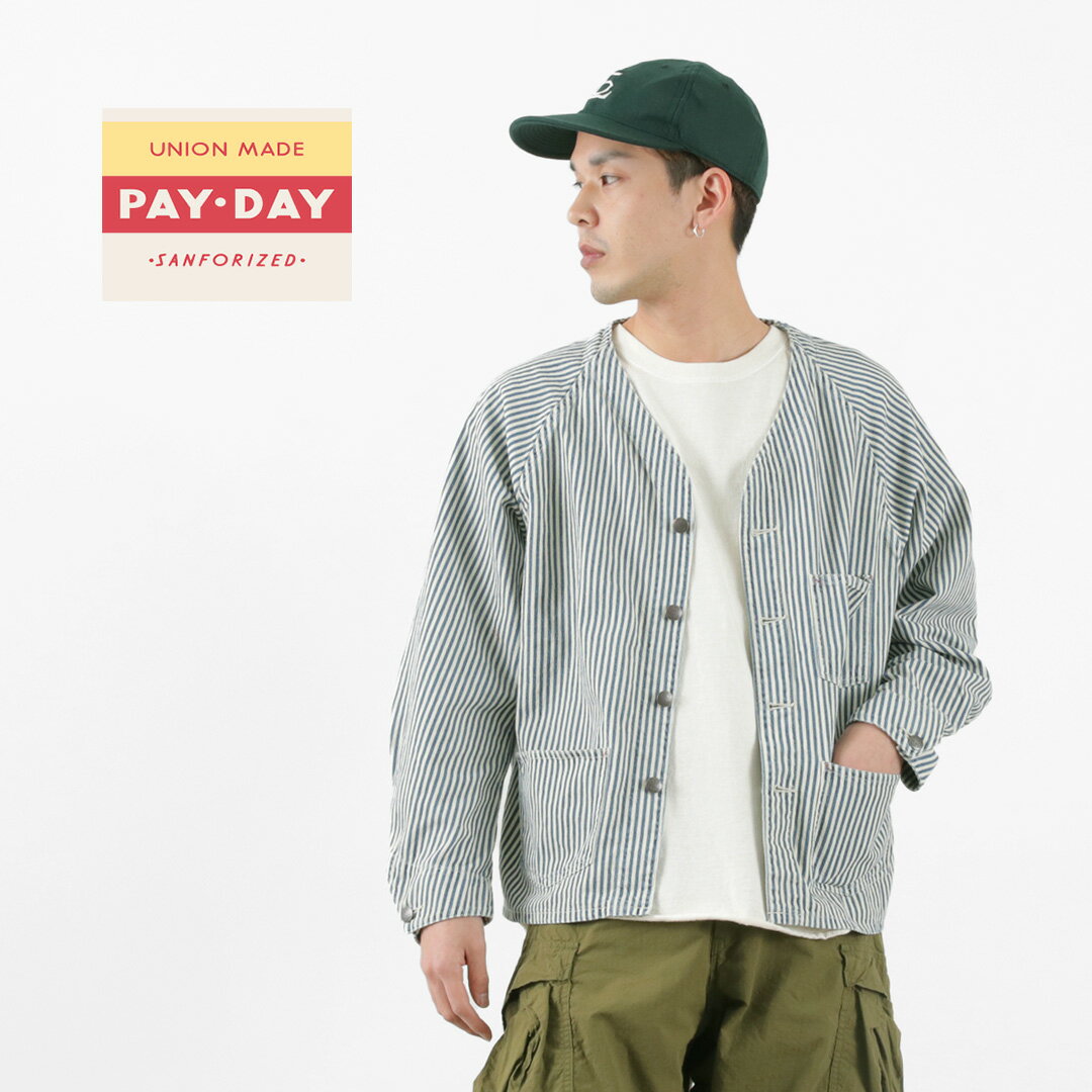 PAYDAY（ペイデイ） エンジニアジャケット ヒッコリーストライプ / ライトアウター ヴィンテージ風 ノーカラー コットン 綿 メンズ Engineer Jacket