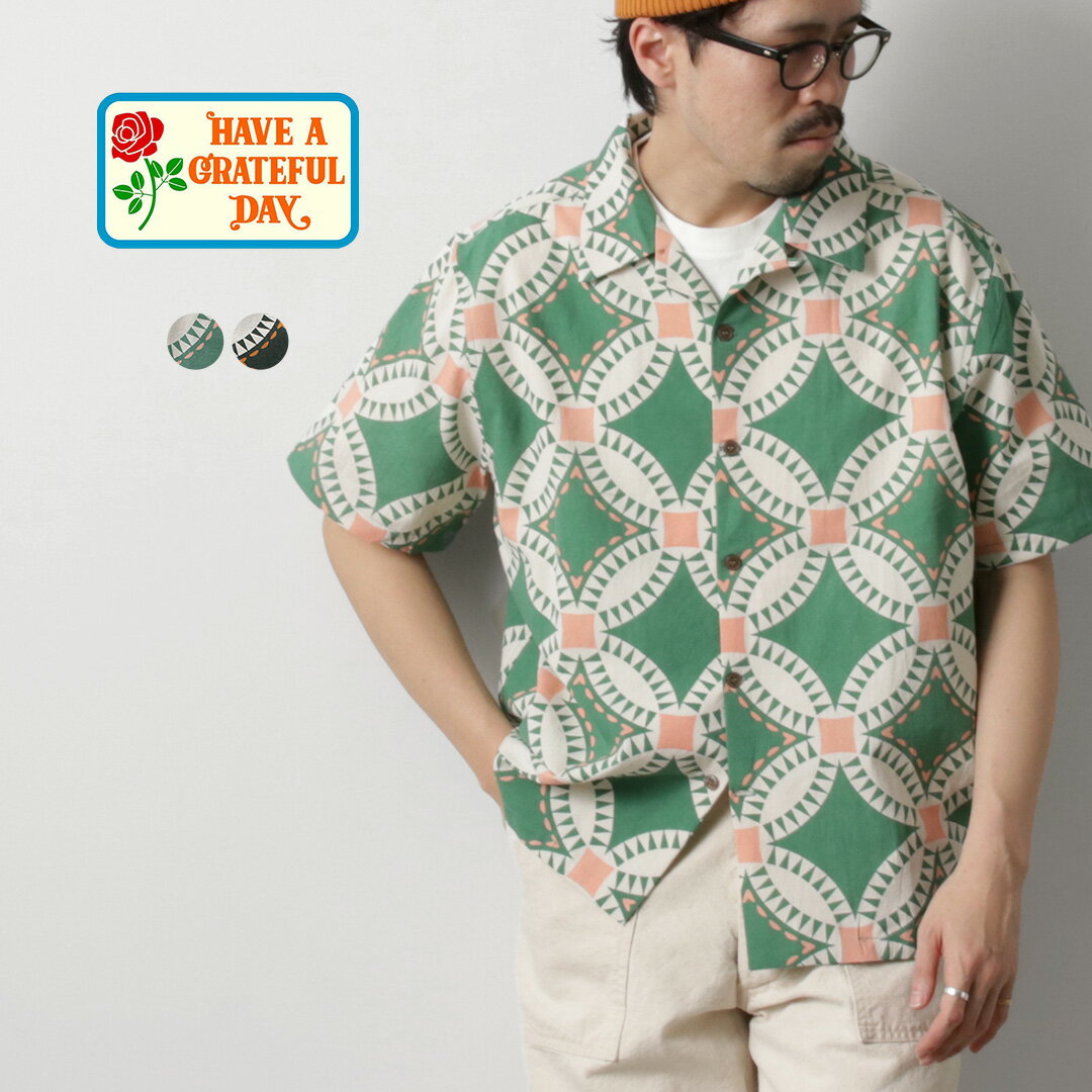 【10%OFFクーポン対象】HAVE A GRATEFUL DAY(ハブアグレイトフルデイ) オープンカラー S/S シャツ ヴィンテージ キルトプリント / ...