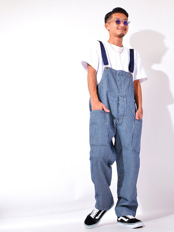 COOKMAN クックマン オーバーオール メンズ レディース 大きいサイズ おしゃれ かわいい ゆったり ユニセックス 男女兼用 Fisherman's Bib Overall Hickory フィッシャーマンズ ビブ オーバーオール ネイビー ヒッコリー コックマン ロールアップ 231-03848 231-01875