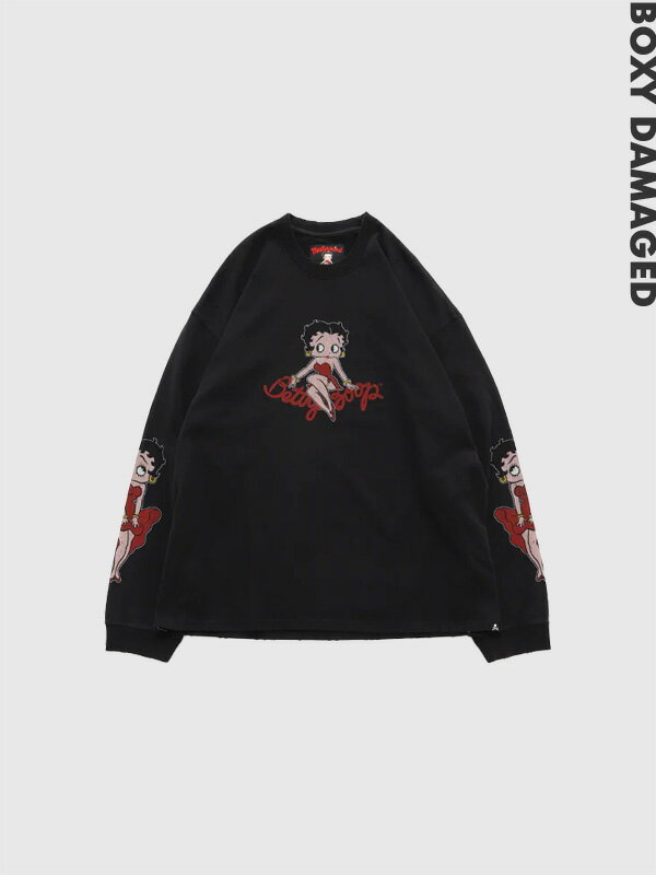 樂天商城 - MASTERMIND WORLD × BETTY BOOP マスターマインド ワールド Tシャツ 長袖 ダメージ加工 ベティちゃん コラボ スカル ハート ボクシー フィット BOXY FIT MW25C15-TS208 BOXY DAMAGED L/S TEE