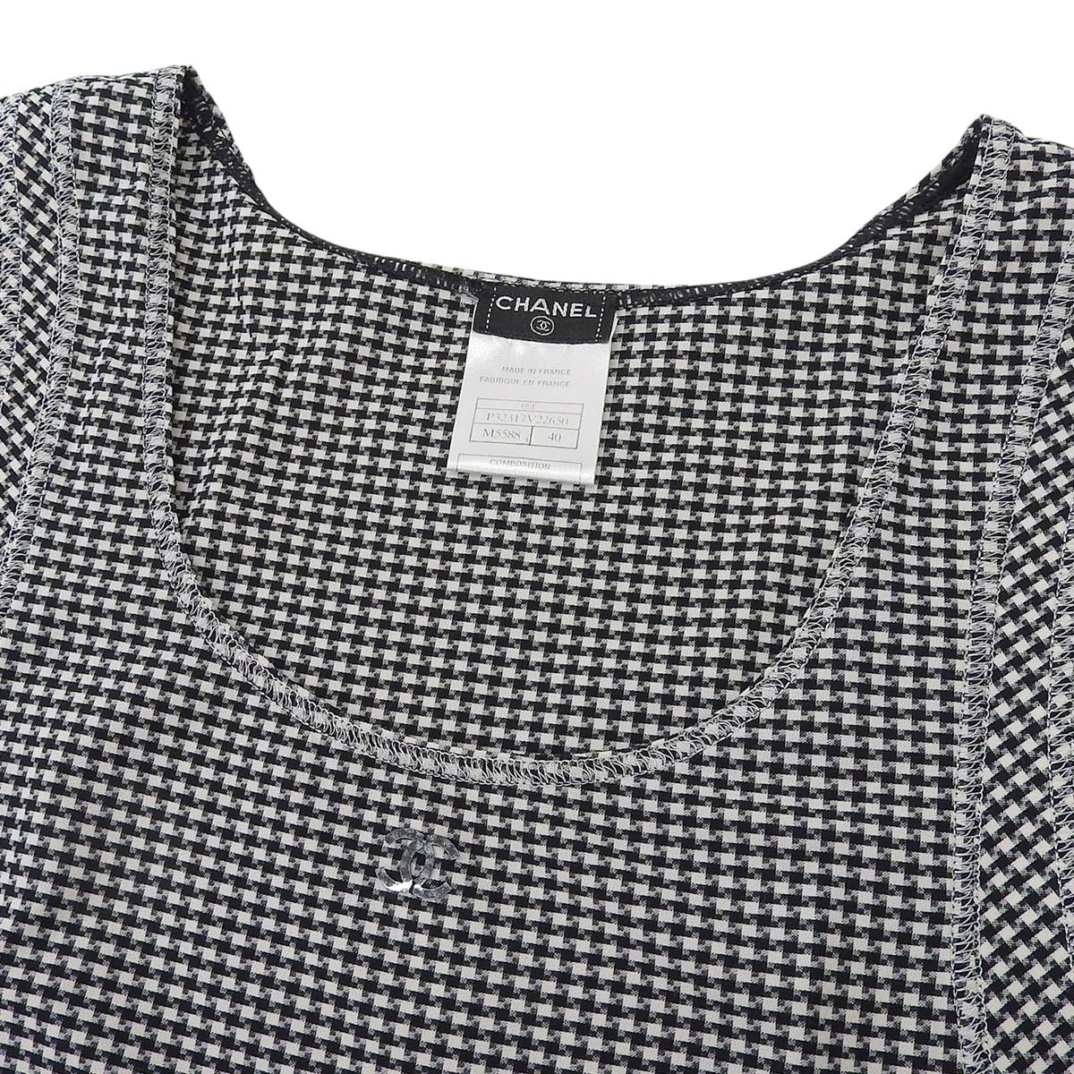 (4670) シャネル CHANEL チェック柄 ココマーク ノースリーブ チュニック ナイロン スパンデックス ブラック×ホワイト 40 レディース 【中古】