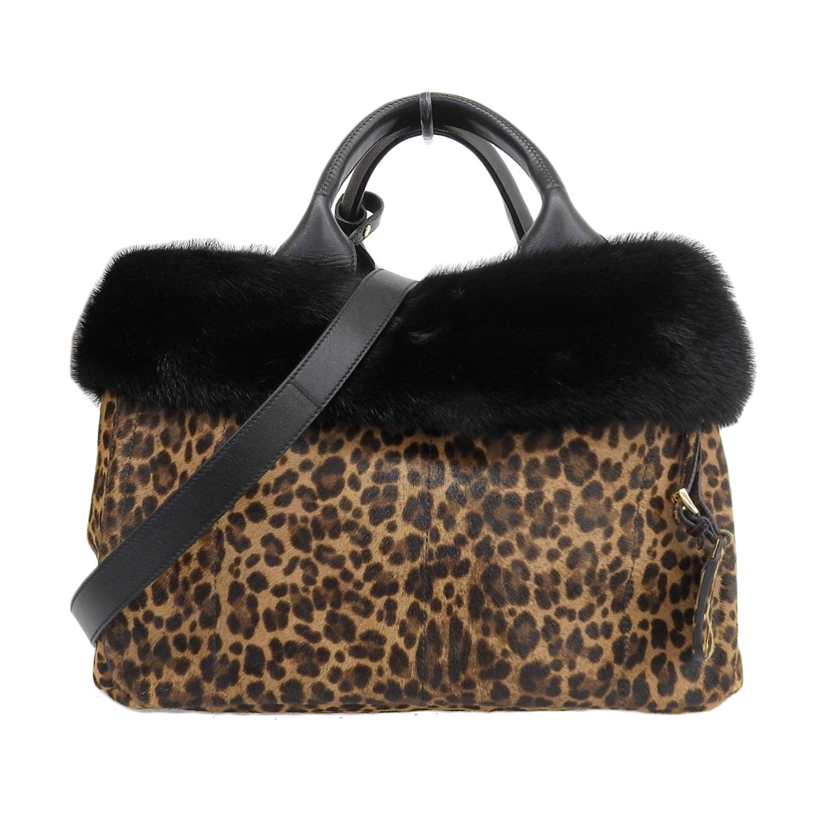 (8209) 【プラダ】　プラダ PRADA カナパトート 2WAYバッグ ハラコ ミンク ブラック レオパード 限定 レディース　［バッグ］　【中古】