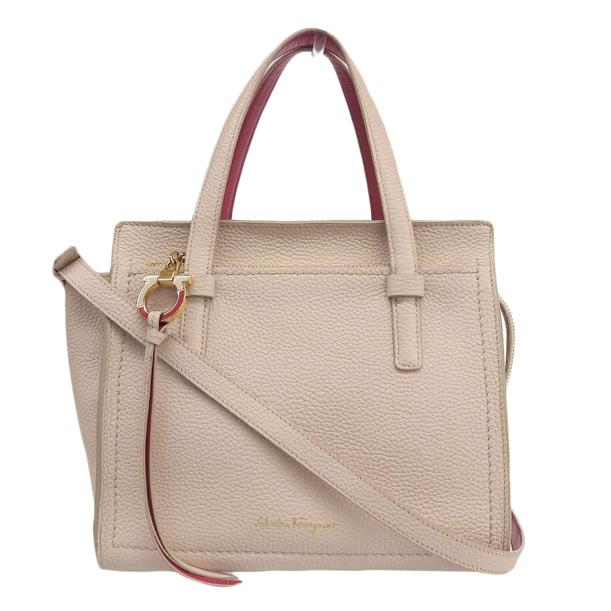 (8970) フェラガモ FERRAGAMO エイミ―トート AMY TOTE ガンチーニ スモール 2WAYバッグ ハンド ショルダー レザーベージュ系 レディース 【中古】