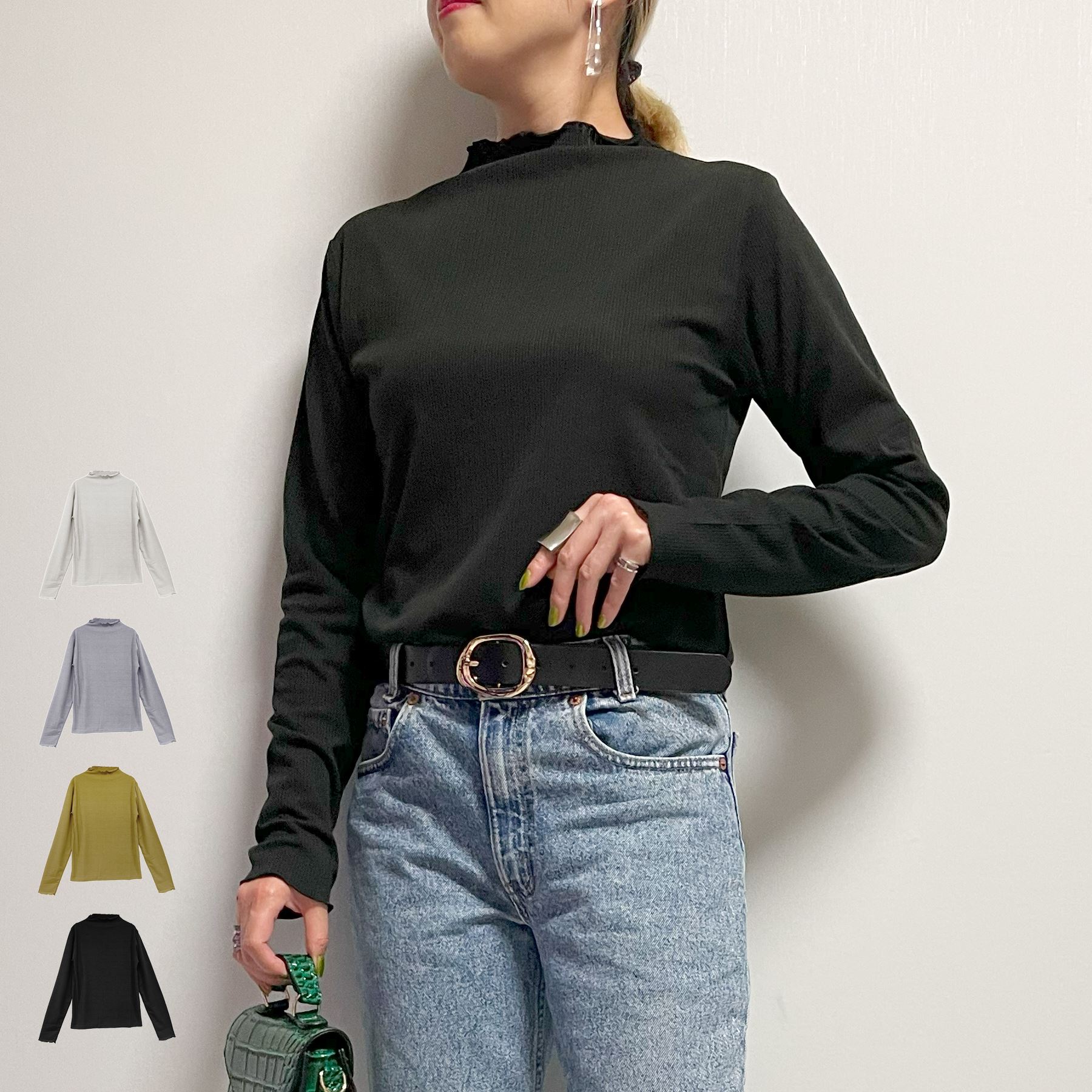 Rakuten - Tシャツ レディース 長袖 針抜き リブ ハイネック ロンT 春 秋 インナー ストライプ メロー フリル 大人 20代 30代 40代 50代 韓国 ファッション
