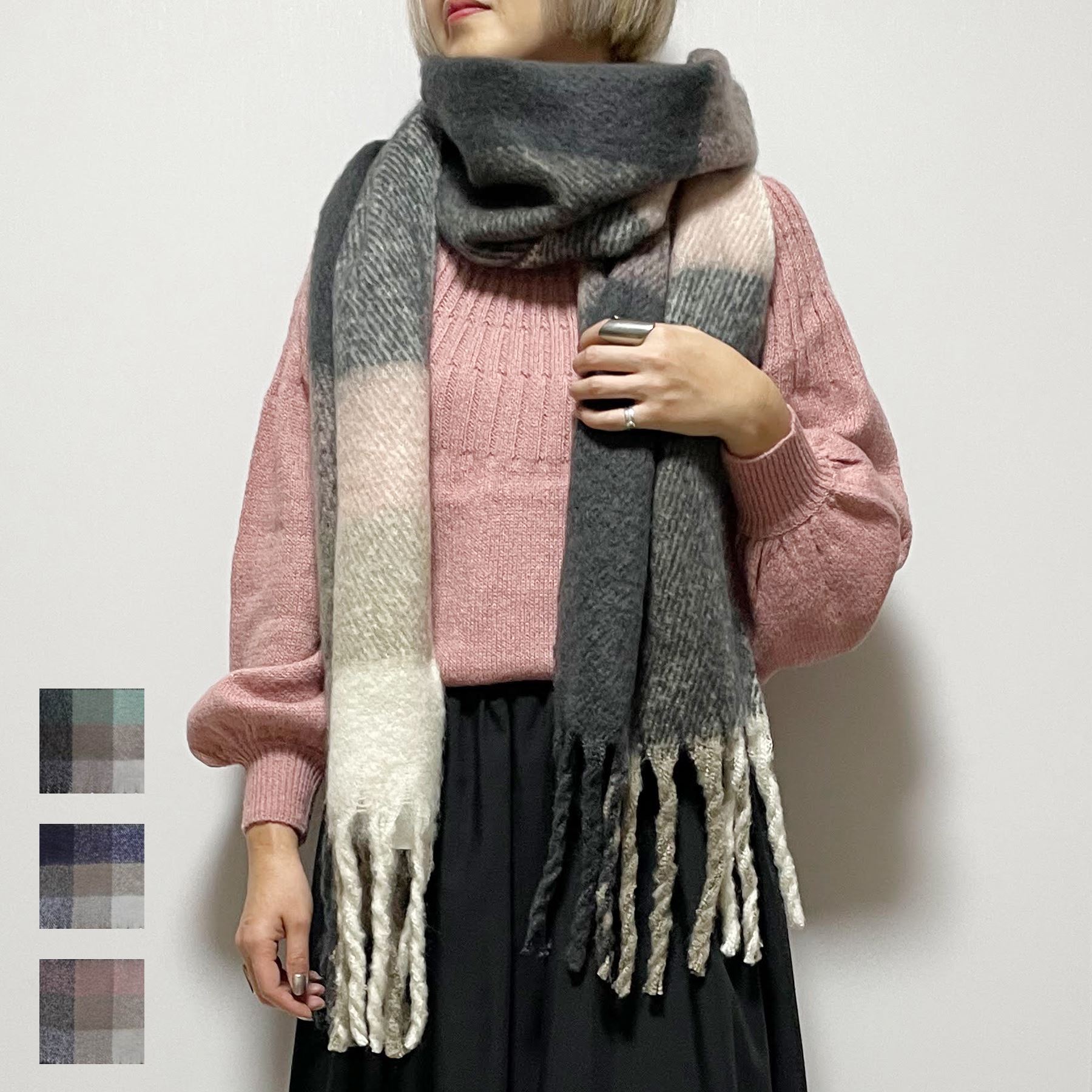 乐天商城 - マフラー レディース 太フリンジ ファッション 40代 50代 秋 冬 ふわふわ あったか バルキー フリンジ 大判 チェック プチプラ