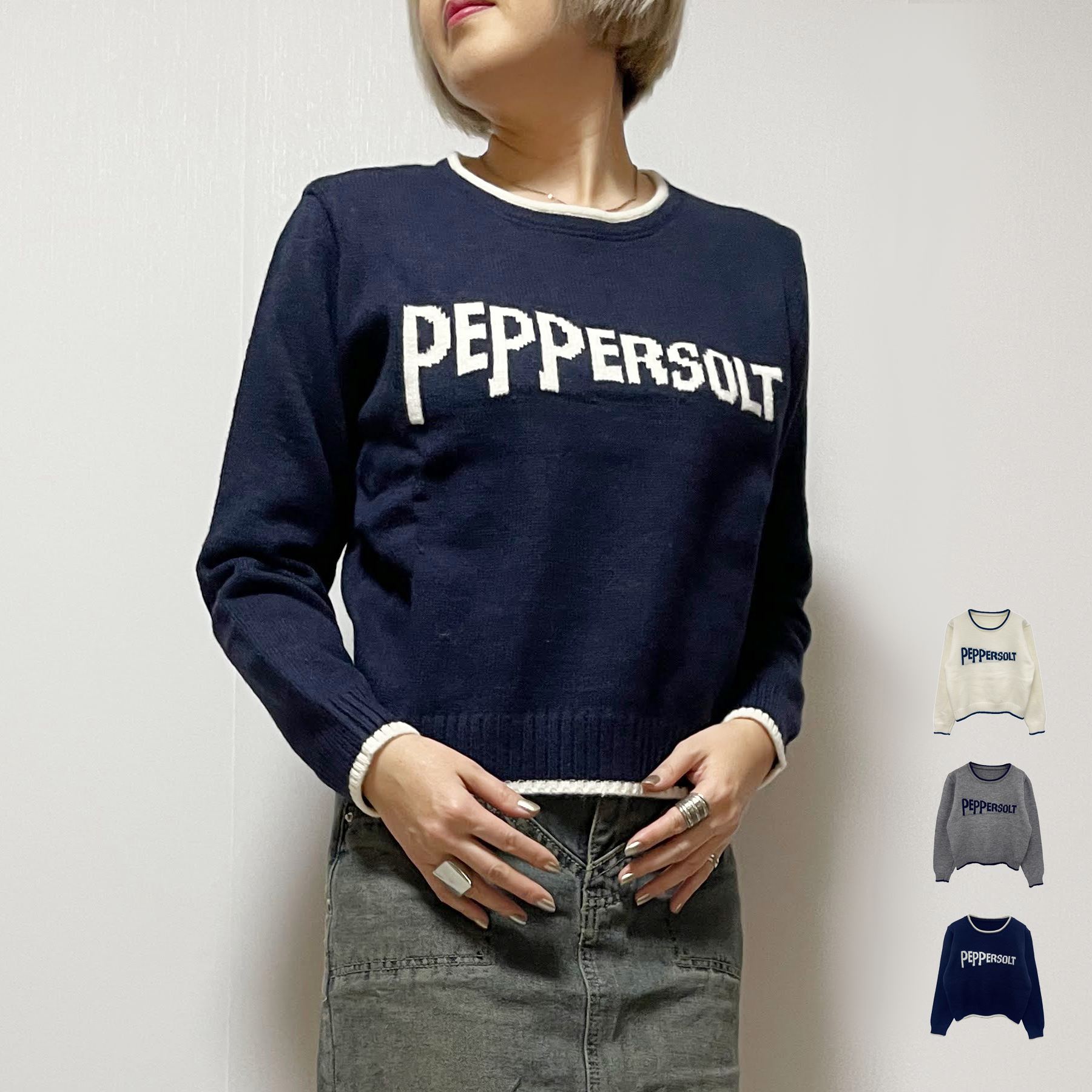 Rakuten - ニット レディース 秋 冬 フロント 英字 ロゴ ジャガード 配色 プルオーバー バイカラー レイヤード クルー 大人 20代 30代 40代 50代