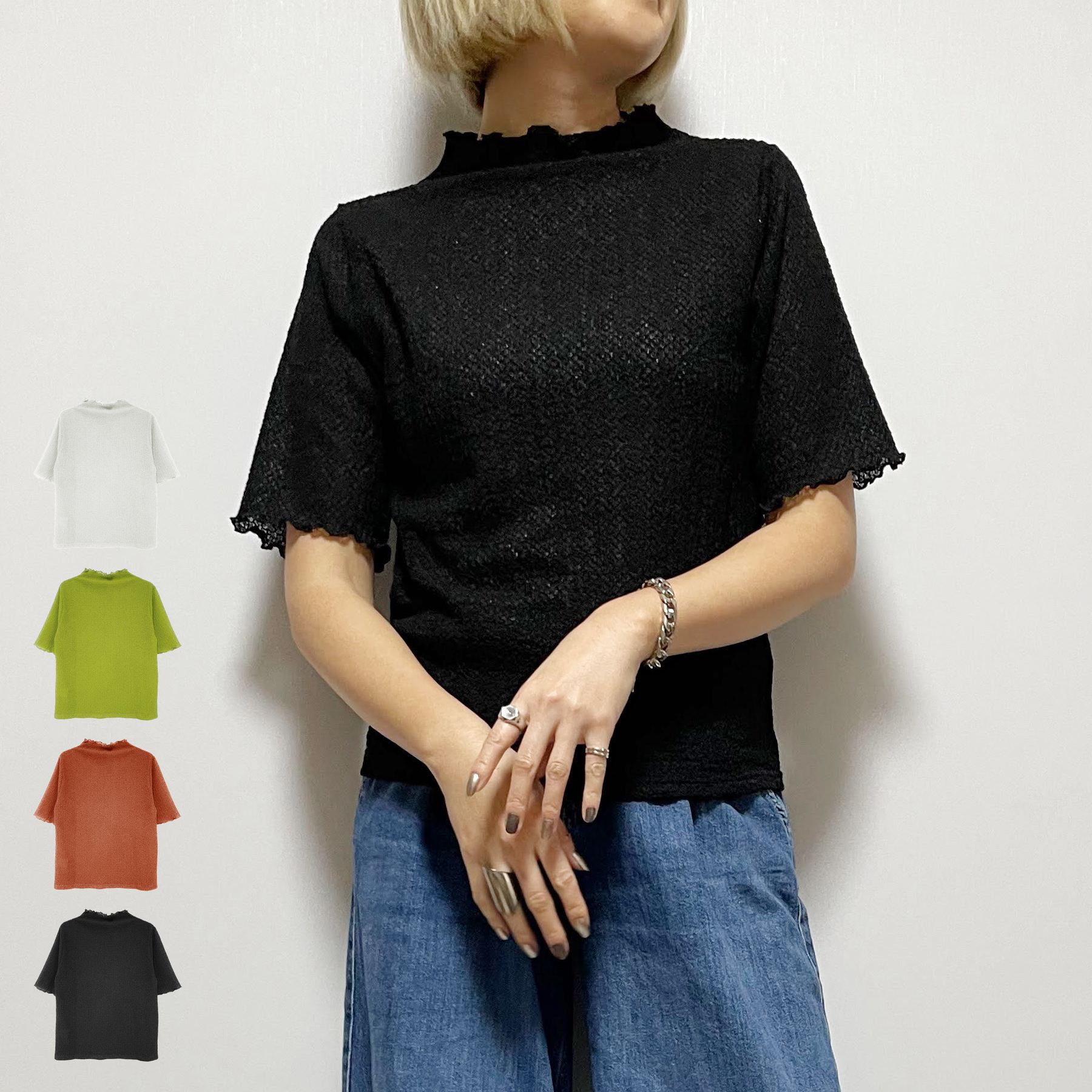 乐天商城 - Tシャツ レディース 半袖 春 夏 バブルシャーリング ボトルネック 大人 体型カバー ゆったり 20代 30代 40代 50代