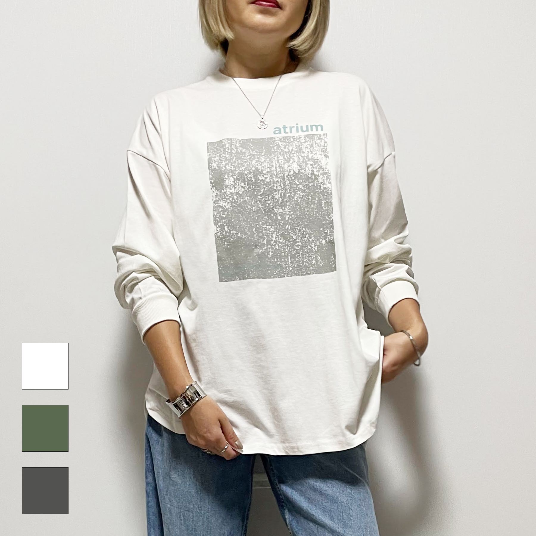 ＼スーパーSALE半額クーポン／Tシャツ レディース 長袖 春 秋 ラウンドヘム オーバーサイズ スクエア プリント ロンT 大人 体型カバー ゆったり 20代 30代 40代 50代