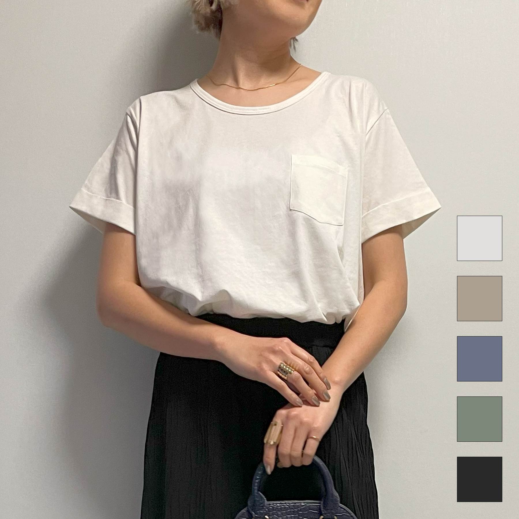 Rakuten - Tシャツ レディース 半袖 春 夏 ラウンドヘム 胸ポケ付き コットン 綿 天竺 パックT レイヤード コンパクト 大人 体型カバー ゆったり 20代 30代 40代 50代