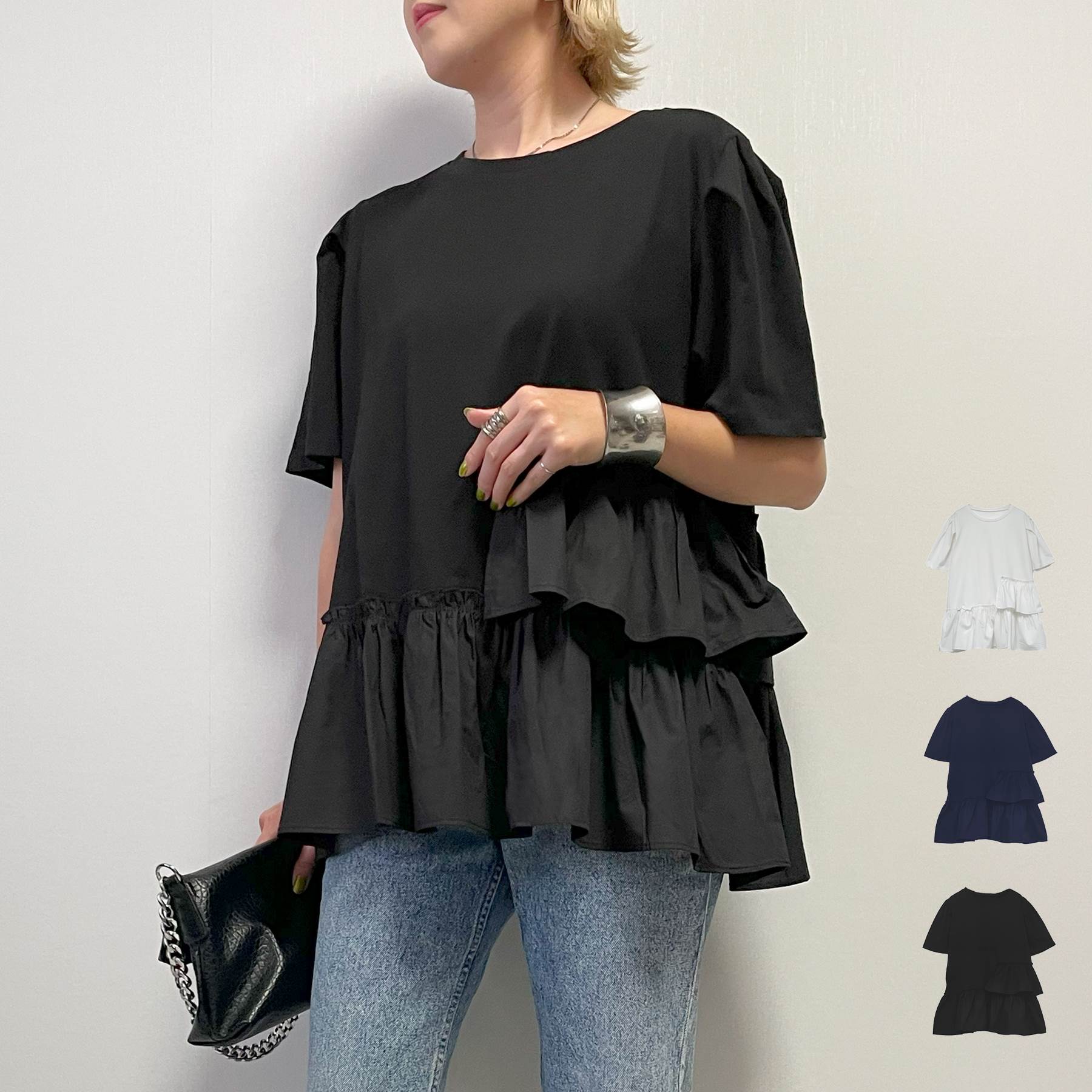 乐天商城 - Tシャツ レディース 半袖 春 夏 フレア デザイン ギャザー ペプラム タック フリル 布帛 異素材 大人 体型カバー ゆったり 20代 30代 40代 50代