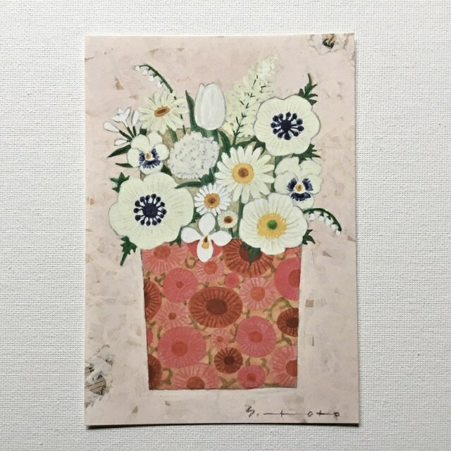 Yoko Matsumoto　マツモトヨーコ　ポストカード　赤い花柄のフラワーポット　白い花