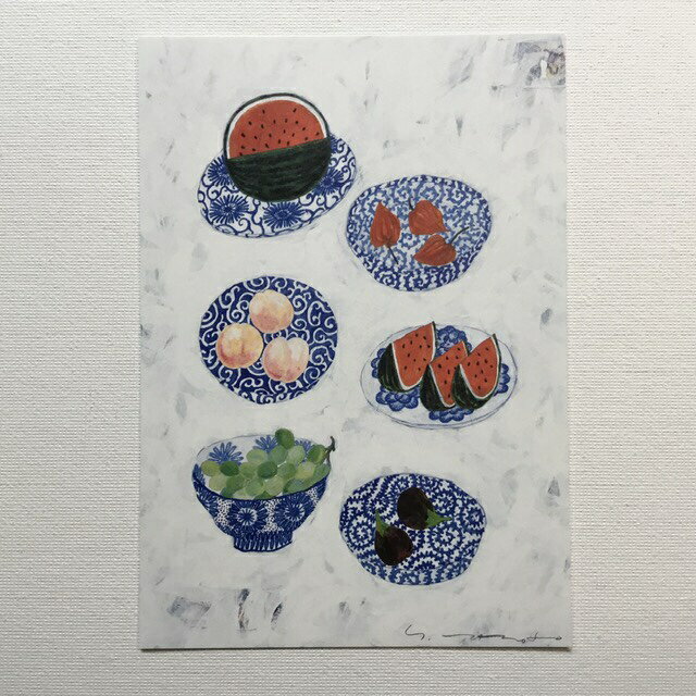 Yoko Matsumoto　マツモトヨーコ　ポストカード　すいか　もも　ぶどう　ほおずき　なす　ブルーの陶器