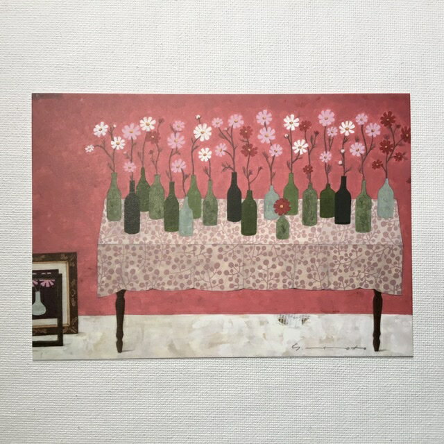 Yoko Matsumoto　マツモトヨーコ　ポストカード　テーブル　コスモス　グリーンのフラワーベース