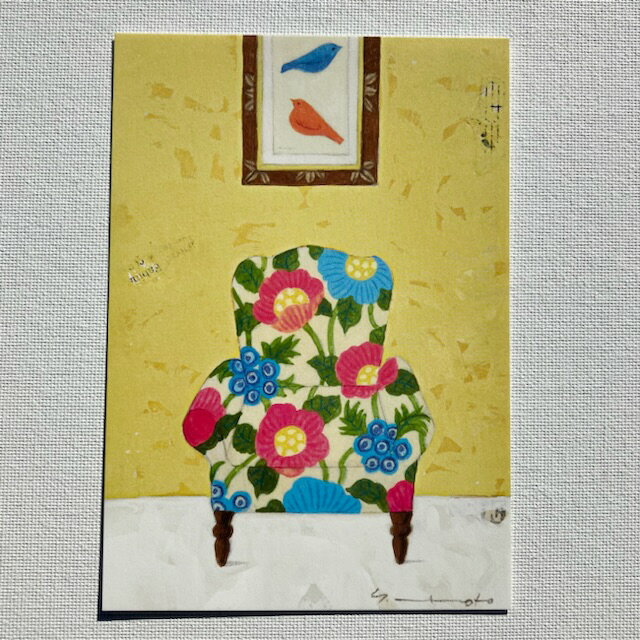 Yoko Matsumoto　マツモトヨーコ　ポストカード　花柄のラウンジチェア　鳥の絵　フレーム