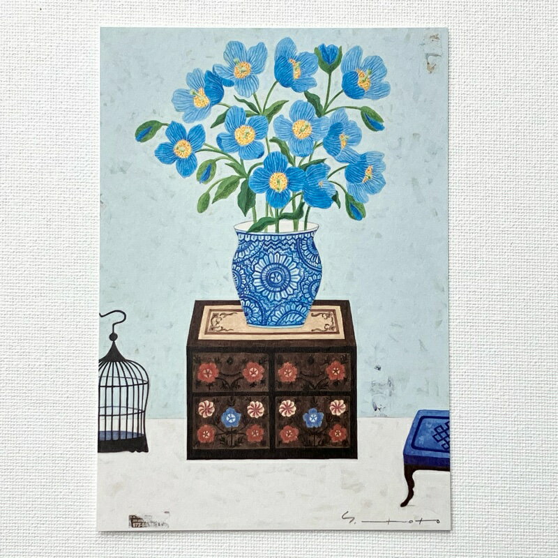 Rakuten - Yoko Matsumoto　マツモトヨーコ　ポストカード　サマーカード　「Heavenly blue」　ブルーポピー　ブルーの花　ミニチェスト　鳥かご／　イラストレーター　おしゃれ　夏
