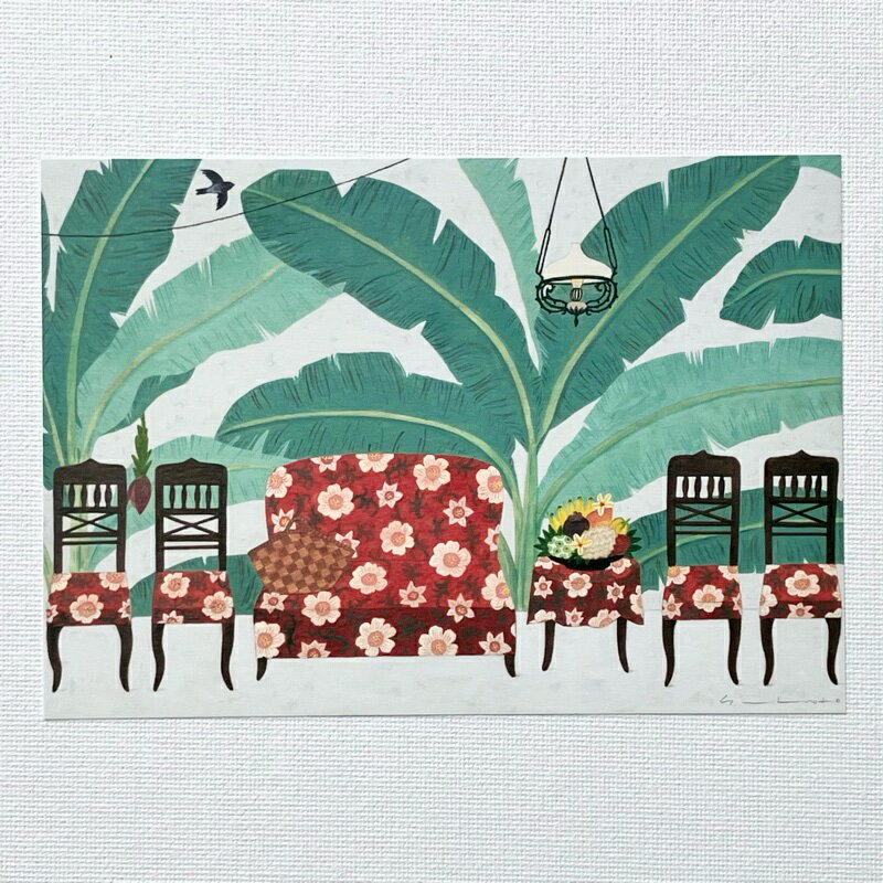 Yoko Matsumoto マツモトヨーコ ポストカード サマーカード 花柄の赤いソファ チェア ラウンドテーブル フルーツ トロピカル バナナの葉 鳥 バスケット／ イラストレーター おしゃれ 夏