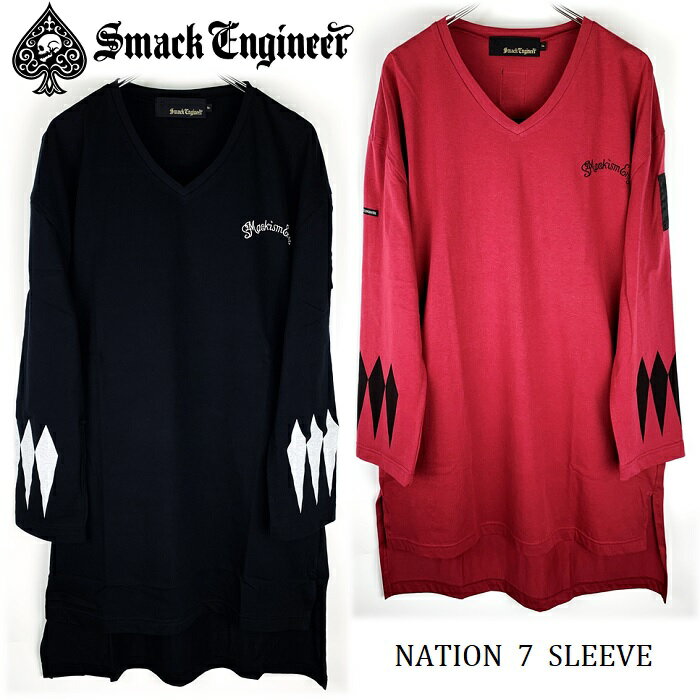 楽天Rogia 楽天市場店【25％OFF SALE】SMACK ENGINEER / スマックエンジニア「NATION 7 SLEEVE」ビッグVネックTシャツ オーバーサイズ BIGロンT ロング丈 7分袖 長袖 ワンピース 黒赤 ブラック ワインレッド スカル ドクロ スペード メンズレディース PUNK ROCK パンク ロック ステージ衣装 Rogia