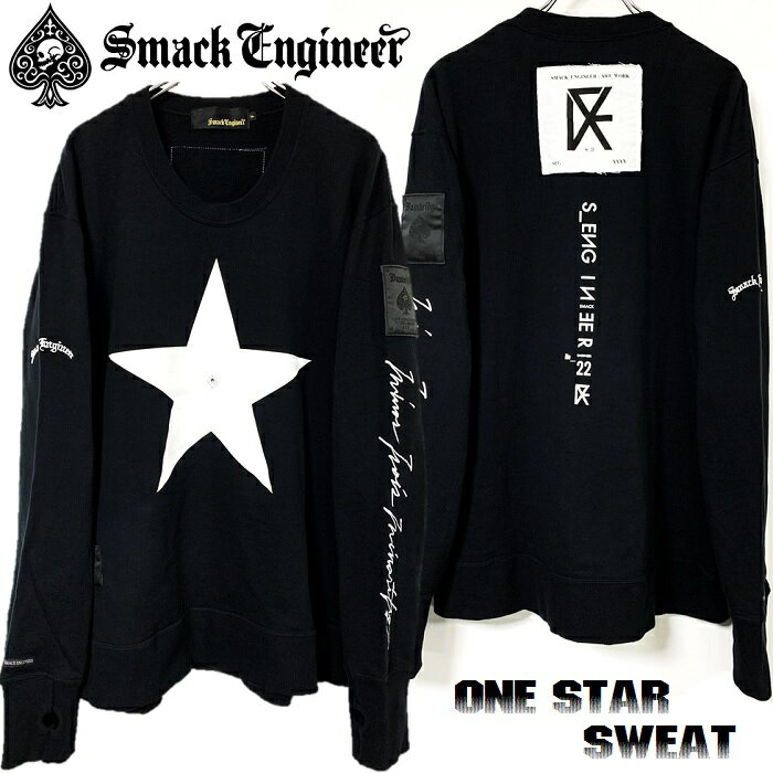 楽天Rogia 楽天市場店【25％OFF SALE】SMACK ENGINEER / スマックエンジニア「ONE STAR SWEAT」オーバーサイズスウェット ビッグトレーナー ワンピース ロンT 裏毛 長袖 黒 ブラック 星 スター 指抜き スカル ドクロ スペード メンズレディース PUNKROCK パンクロック バンド ステージ衣装 Rogia