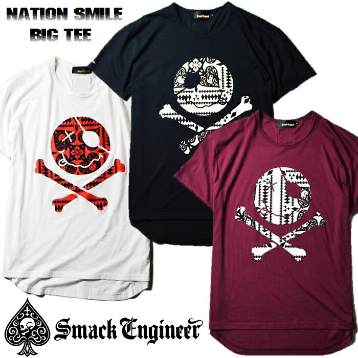 楽天Rogia 楽天市場店【30％OFF SALE】SMACK ENGINEER / スマックエンジニア「NATION SMILE BIG TEE」ビッグTシャツ オーバーサイズ 半袖 ワンピース 黒白赤紫 ブラック ホワイト ワイン ニコ スマイル スカルドクロ スペード メンズレディース PUNKROCK パンクロック バンド ステージ衣装 Rogia