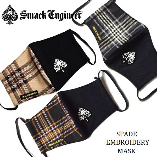 SMACK ENGINEER / スマックエンジニア「SPADE EMBROIDERY MASK」ファッション布マスク オシャレ ゴム調整可 ベージュチェック柄 バイカラー 黒ブラック スペード スカルドクロ メンズレディース PUNKROCK パンクロック バンド V系 ギフト ステージ衣装 Rogia