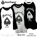 SMACK ENGINEER / スマックエンジニア「Rogia限定 SPADE RAGLAN TEE」ラグランTシャツ 七分袖 五分袖 黒 白 ブラック ホワイト グレー ワンピース スペード スカル ドクロ 大きい XL 2L 3L メンズレディース PUNKROCK パンクロック バンド ギフト無料 ステージ衣装 Rogia