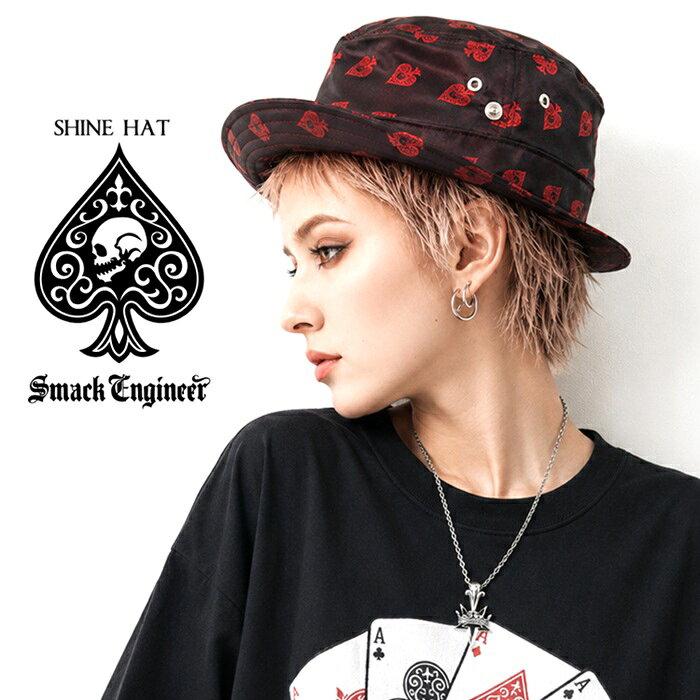 SMACK ENGINEER / スマックエンジニア「SHINE HAT」バケットハット ポークパイハット 帽子 ジャガード生地 黒ブラック 赤紫 ワインレッド ポリエステル スペード スカル ドクロ メンズレディース PUNKROCK パンクロック バンド ギフト無料 ステージ衣装 Rogia