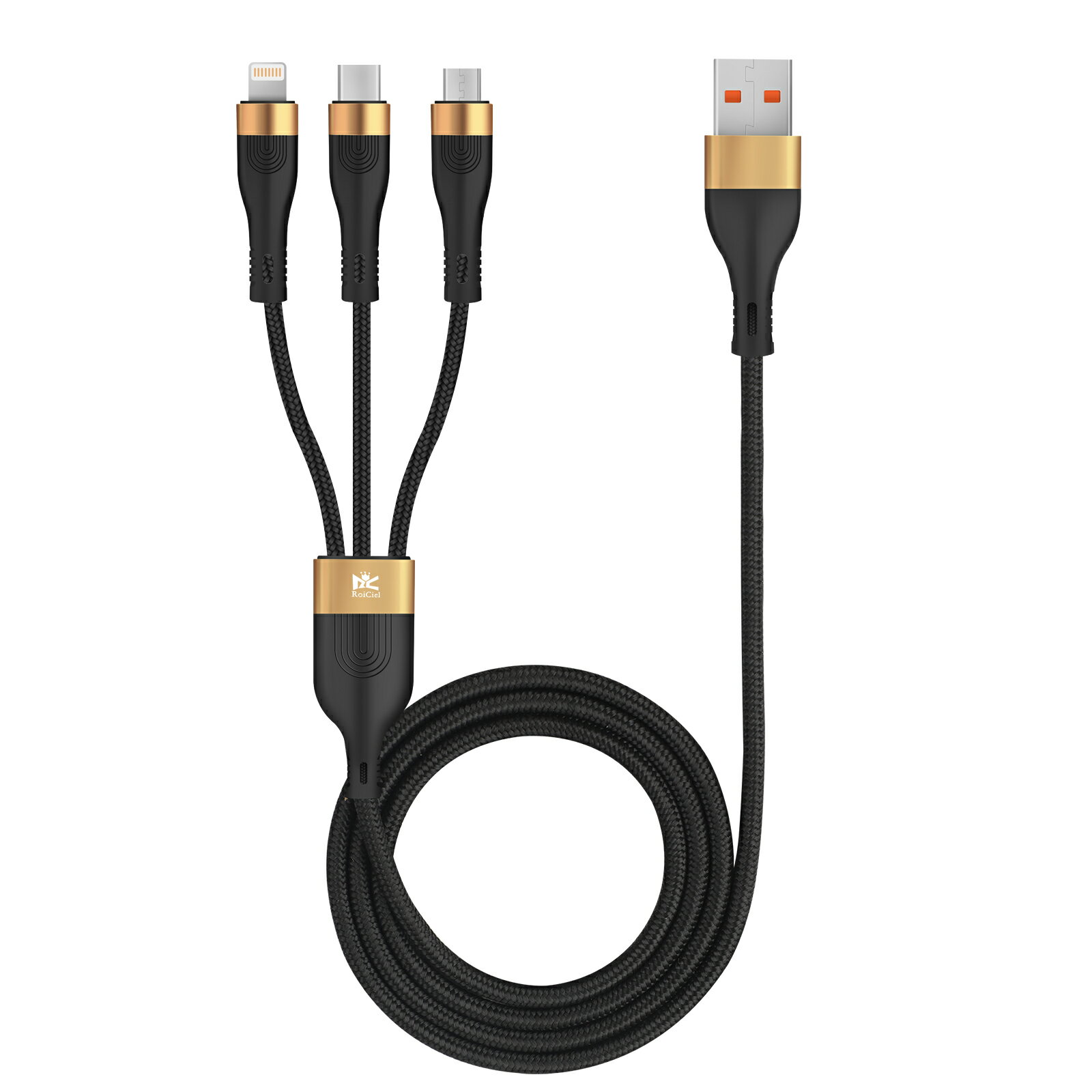 RoiCiel（グリティーシーリズ）3in1 USB-A to USB-C/Lightning/Micro 1.2Mケーブル 3台同時充電可能 最大66W出力対応11V/6A急速充電 3種類の端子 断線防止 アンドロイド スマホ iPhoneその他多機種対応