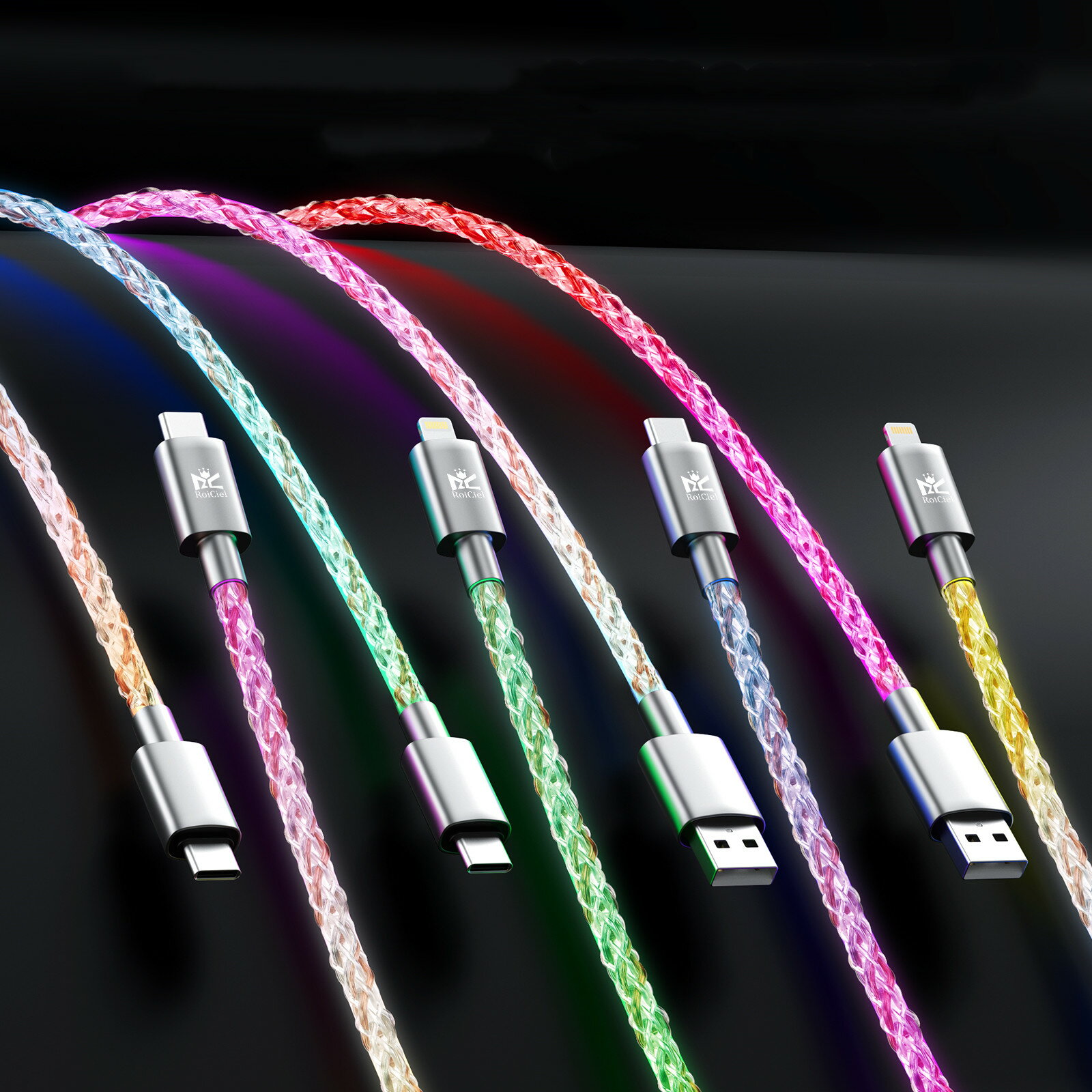【2本目半額クーポン配布中】RoiCiel 光るUSBケーブル 1m 急速充電&データ転送 4タイプ選択可 USB-C to USB-C 最大100W / USB-C to Lightning 最大20W / USB-A to Lightning 最大12W / USB-A to USB-C 最大12W イルミネーションRGBライト搭載 iPhone Android タブレット対応