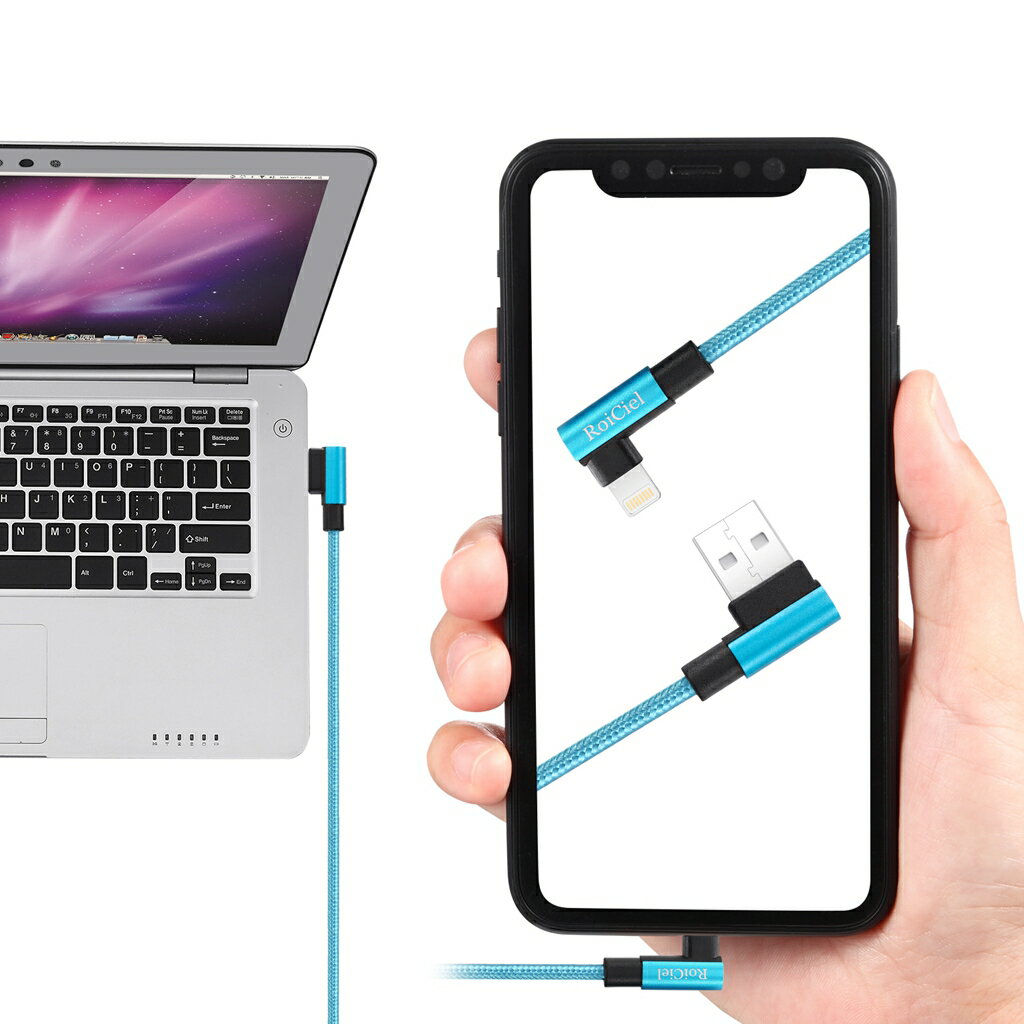 【2本セット】RoiCiel （ディアルズシーリズ） ライトニングケーブル L字型 iphone 充電ケーブル アイフォン充電ケーブル L型 急速充電 小型ヘッド 高耐久ナイロンメッシュ編み 断線防止 iPhone/iPod/iPad AirPods 互換対応カップルケーブル(ブルー/ピンク)