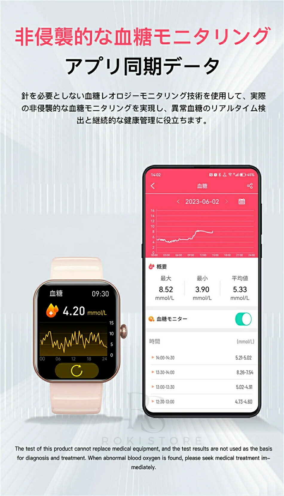 ロキーストアの【工場直営★ 品質保証】 スマートウォッチ 血圧 血糖値 測定 日本製センサー スマートウォッチ 高精度心拍数 体温 着信通知 1.91インチ 血中酸素 睡眠検測 音楽制御 夏祭り プレゼント IP67防水 ブレスレット LINE Twitter SNS 日本語対応 iPhone/Android対応 高齢者｜アングル3